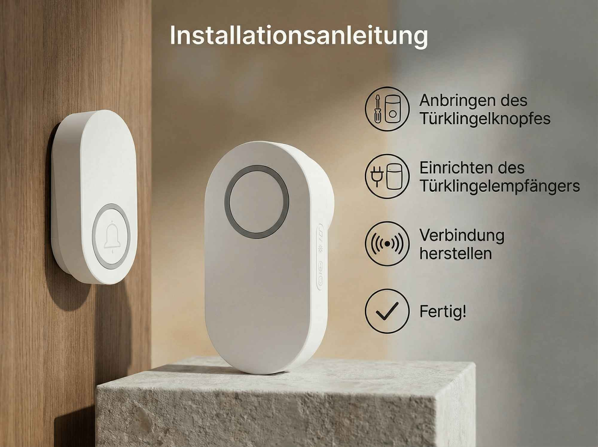 Weiße Türklingel und Empfänger mit Installationsanleitung.