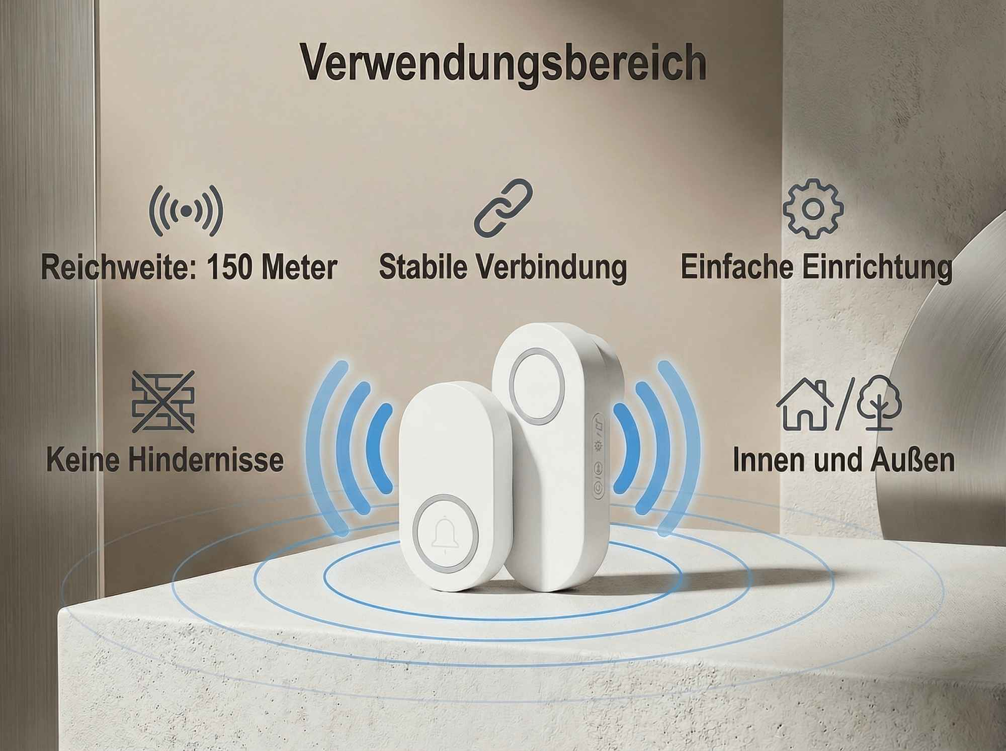 Ein weißer Funkgong mit Reichweite, stabiler Verbindung, einfacher Einrichtung.