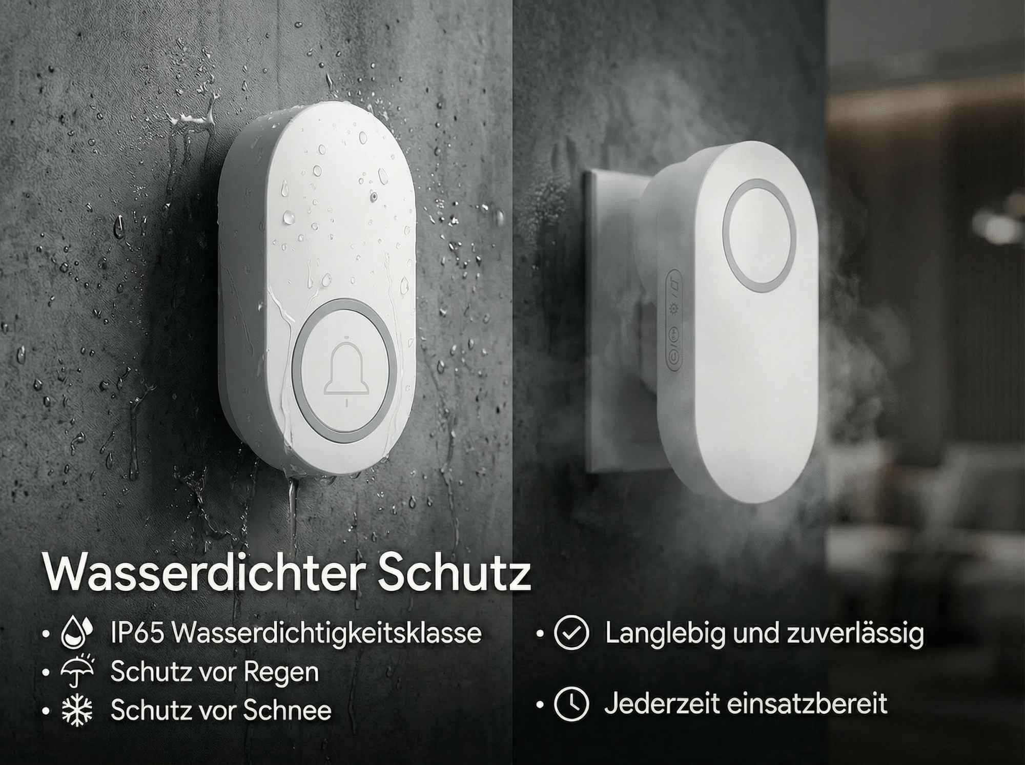 Zwei weiße, wasserdichte Türklingelknöpfe an einer grauen Wand mit Wassertropfen.