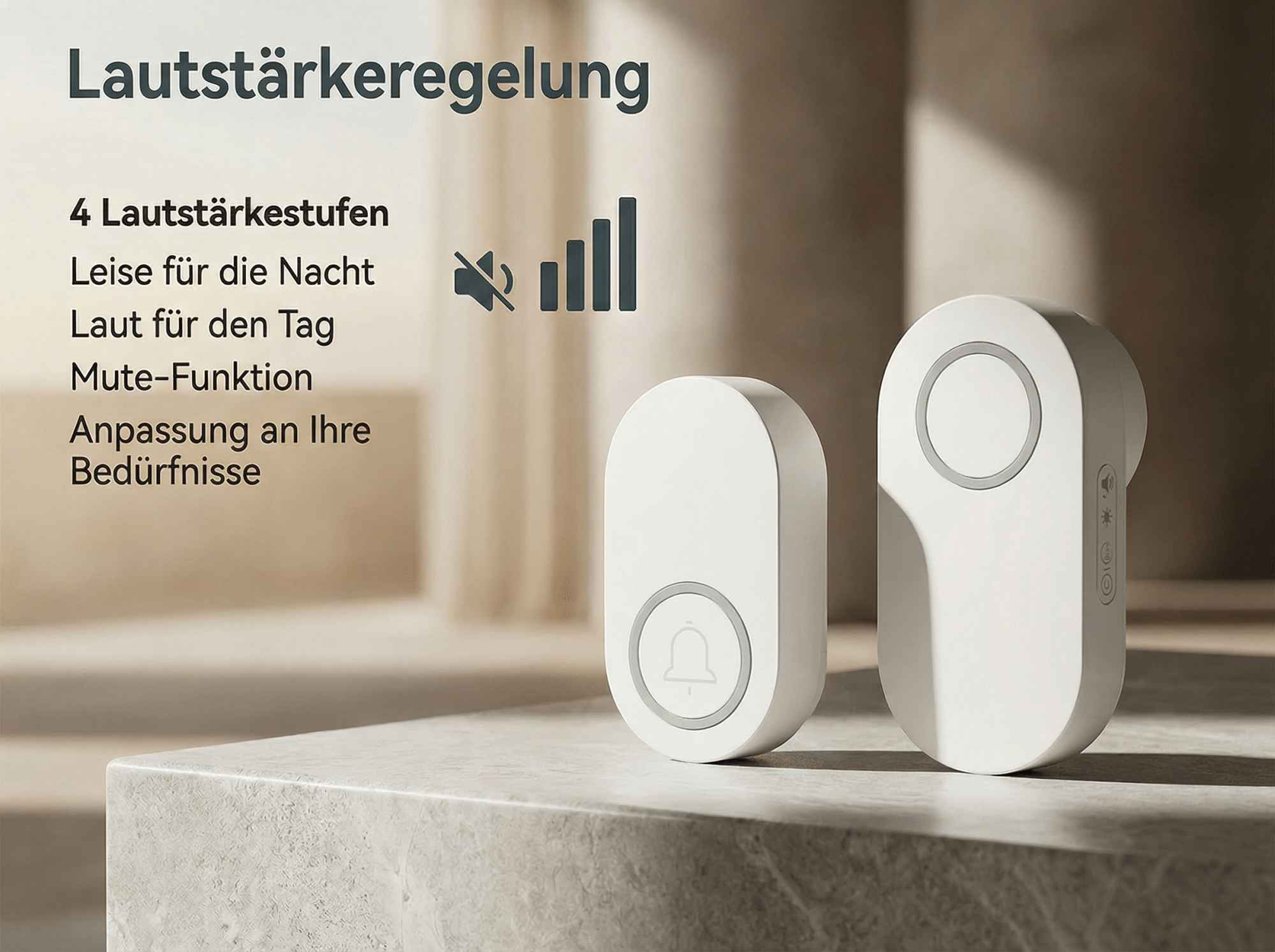 Zwei weiße Türklingel-Einheiten mit Lautstärkesymbolen und Text.
