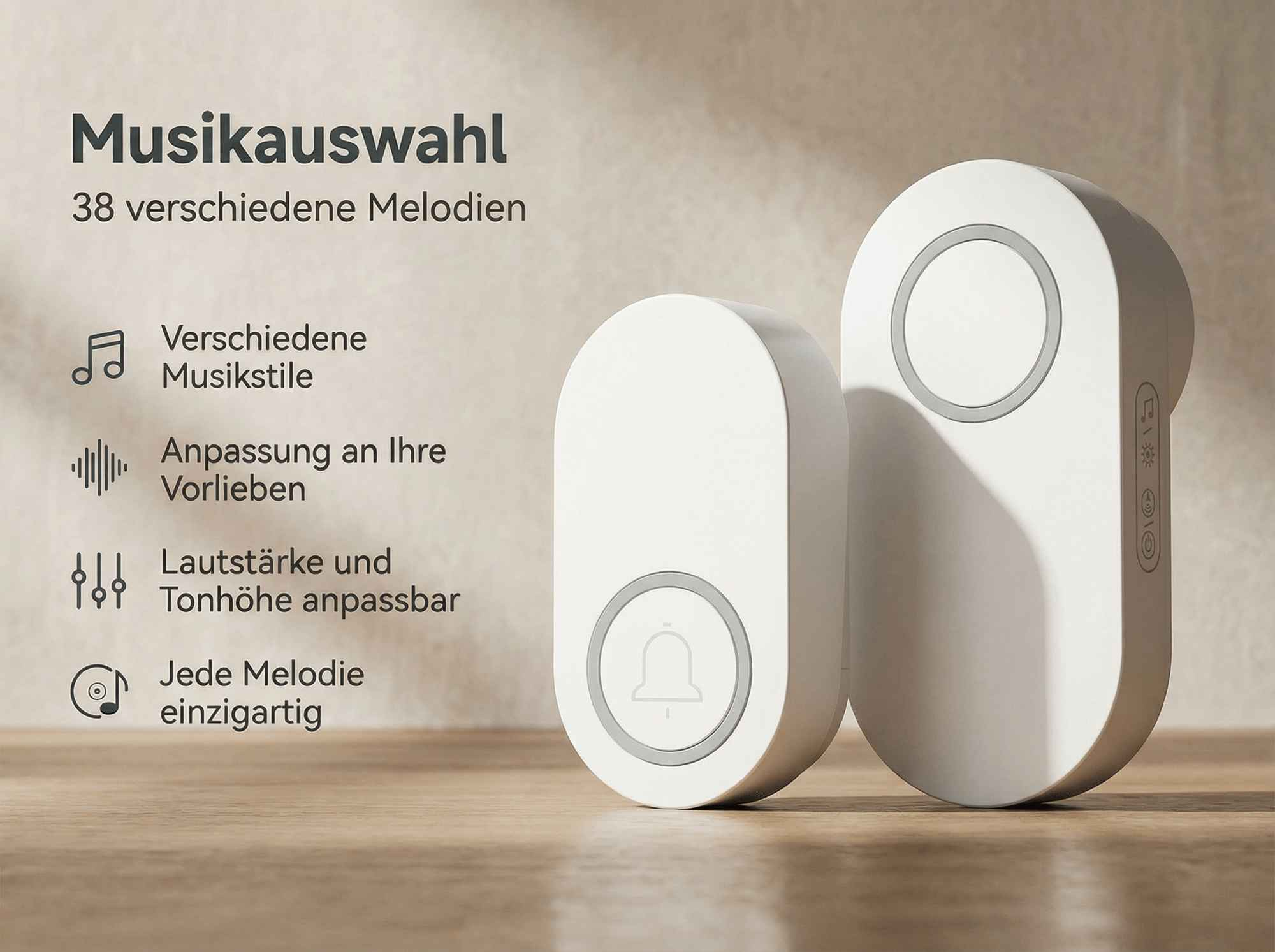 Zwei weiße Türklingeln auf Holzboden. Links Text über Musikauswahl.