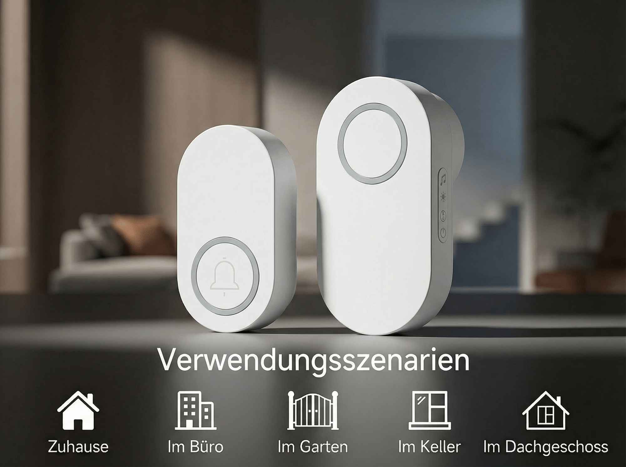 Zwei weiße kabellose Türklingeln vor einem unscharfen Hintergrund.