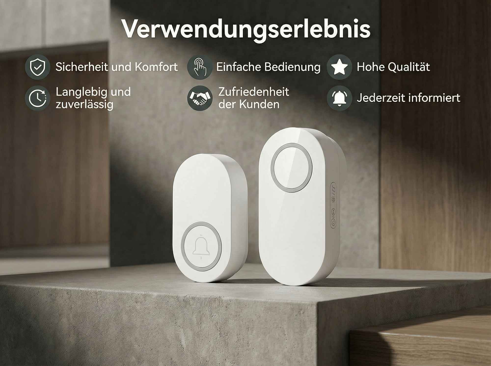 Zwei weiße Türklingeln auf einer Betonoberfläche, mit Text über Qualität und Komfort.