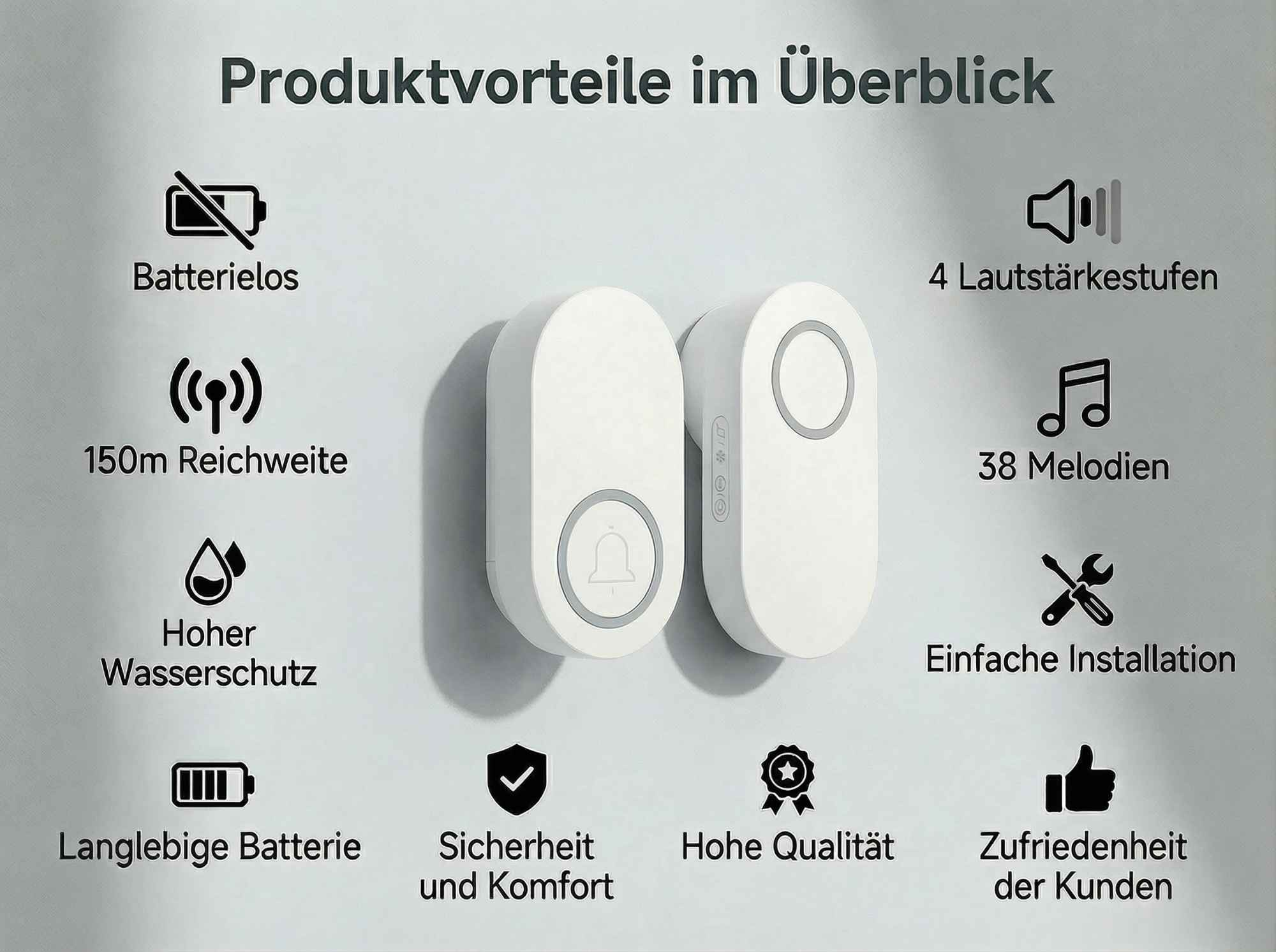 Produktübersicht: kabellos, 150m Reichweite, wasserdicht, lange Batterie.
