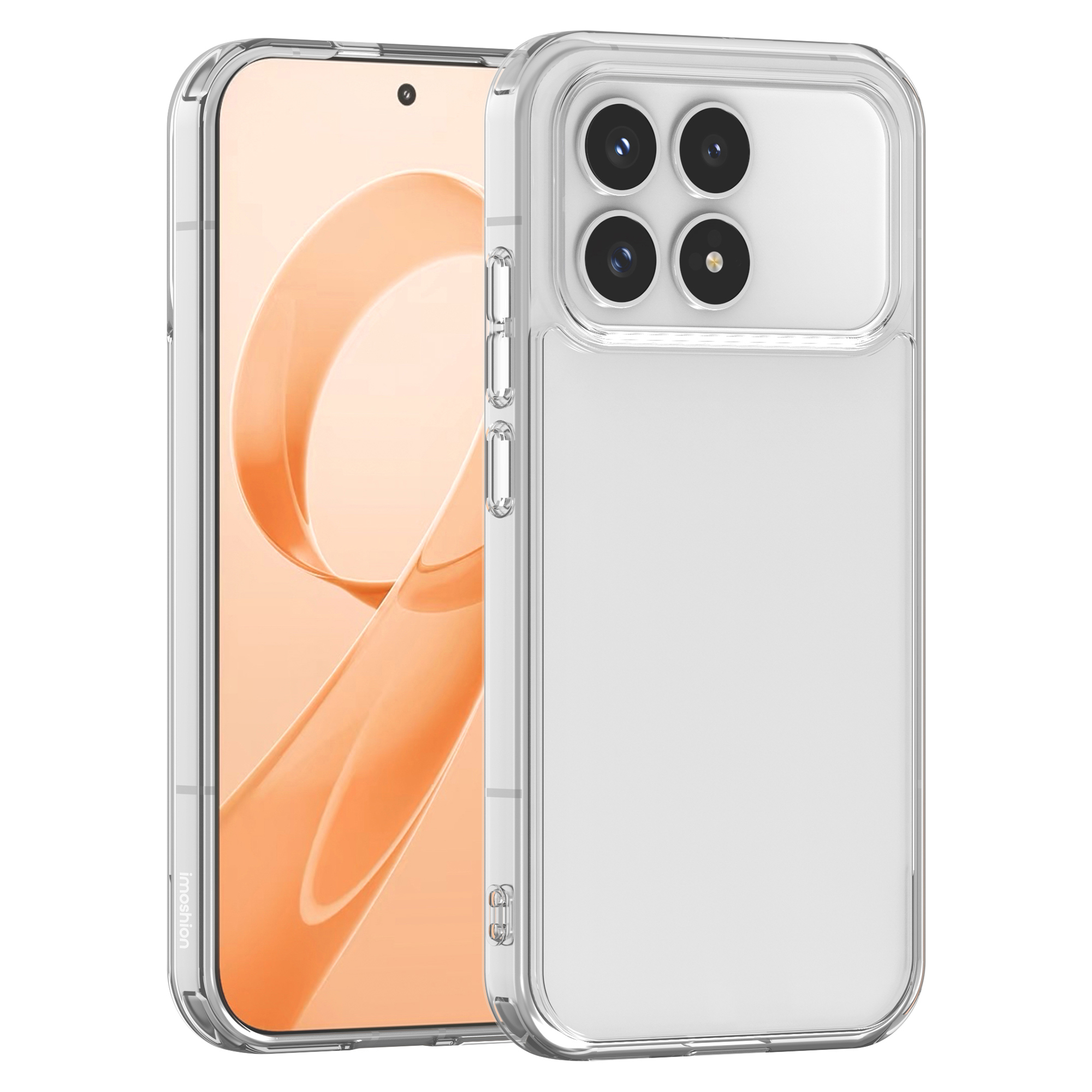 Una cover trasparente per telefono con quattro fotocamere accanto a uno smartphone.