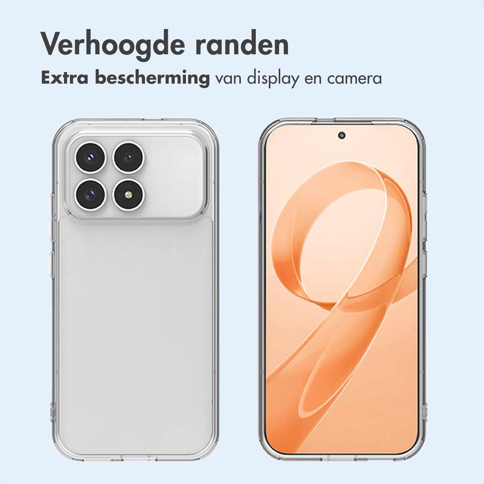 Custodia trasparente mostra quattro fotocamere posteriori e schermo del telefono.