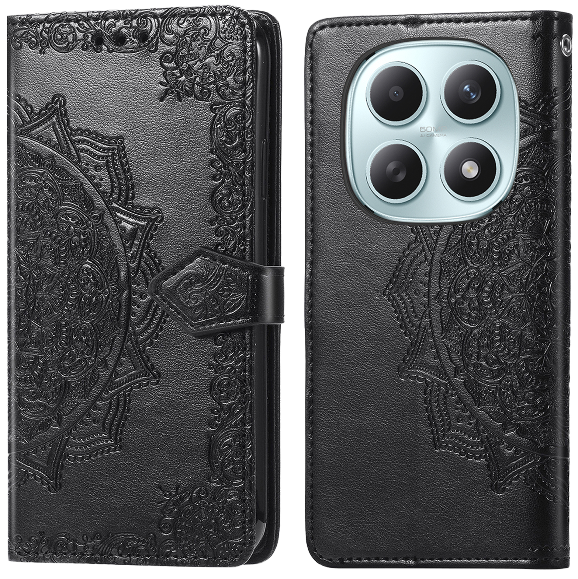 Zwarte, reliëf lederen telefoonhoes met mandala-design en quad-camera.