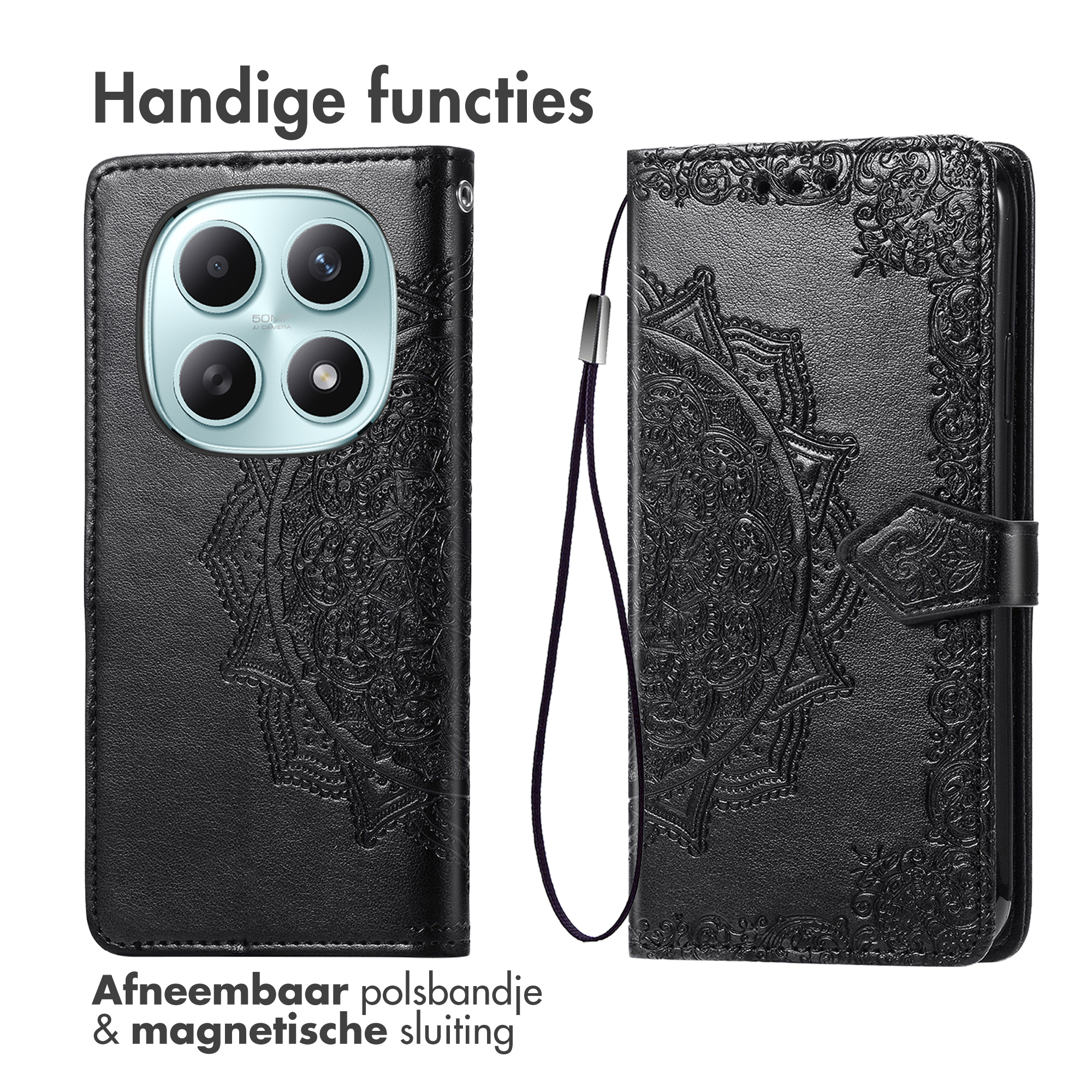 Zwarte telefoonhoes met mandala patroon, camera en polsbandje.