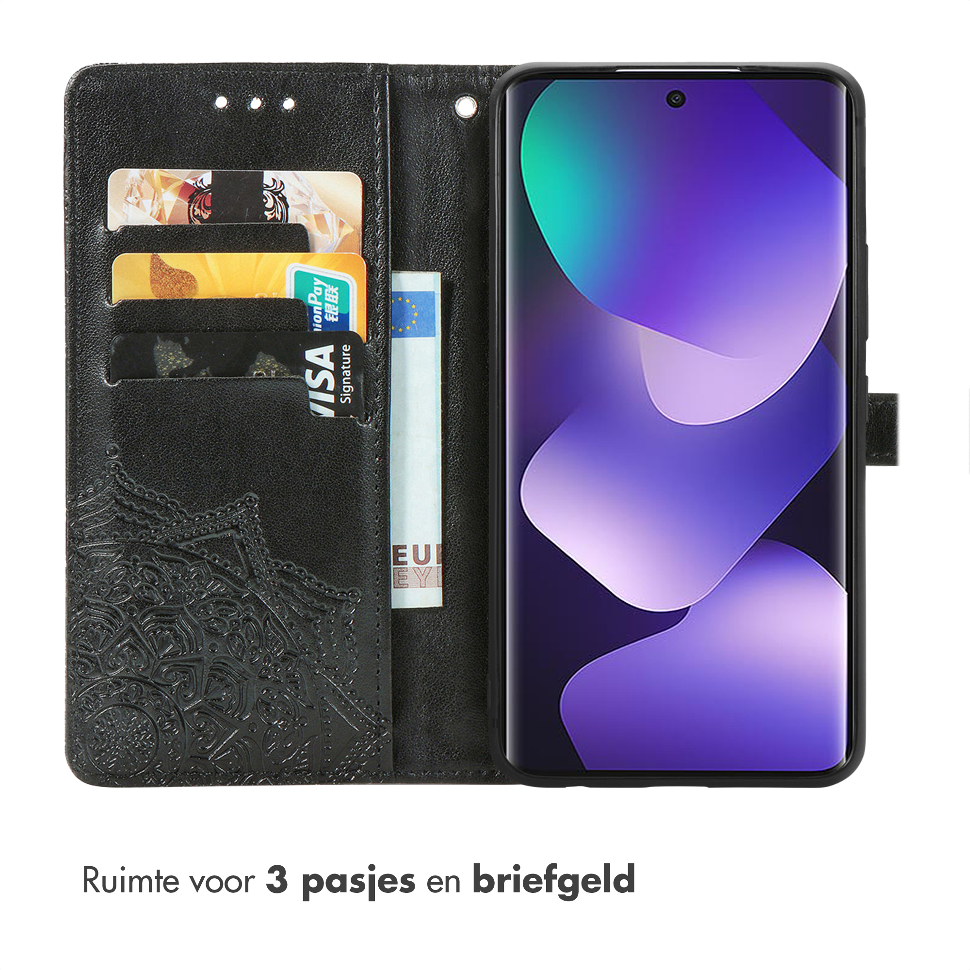 Zwarte telefoonhoes met kaarthouders en geldvak. Bevat een smartphone.