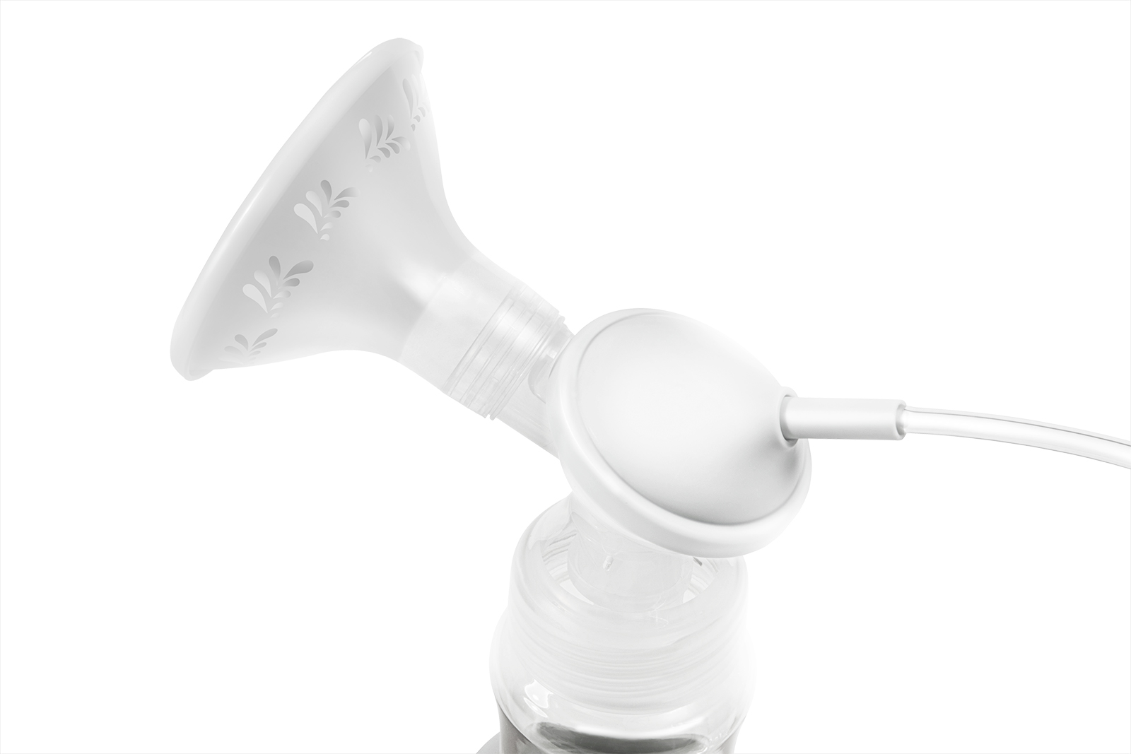 Biały lejek laktatora ze wzorem kwiatowym na butelce.