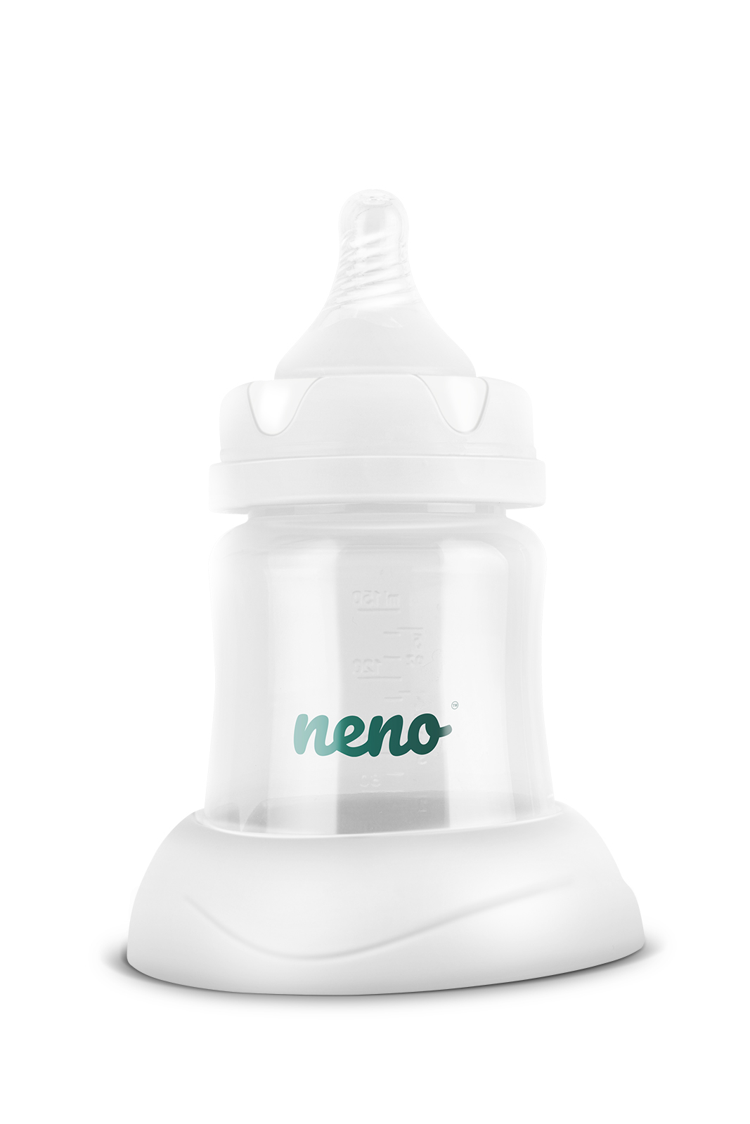 Biały smoczek z przezroczystym korpusem i zielonym logo.