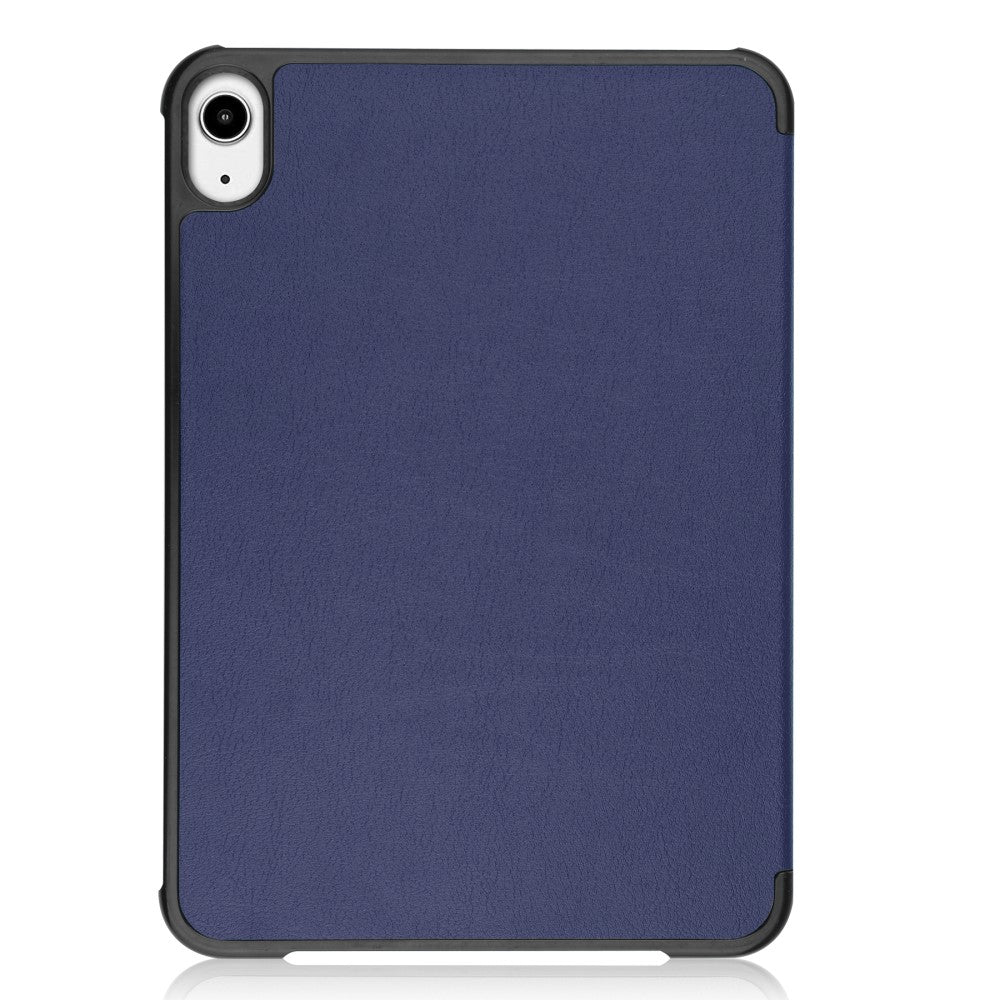 Étui pour tablette bleu foncé avec bordure noire et découpe caméra.