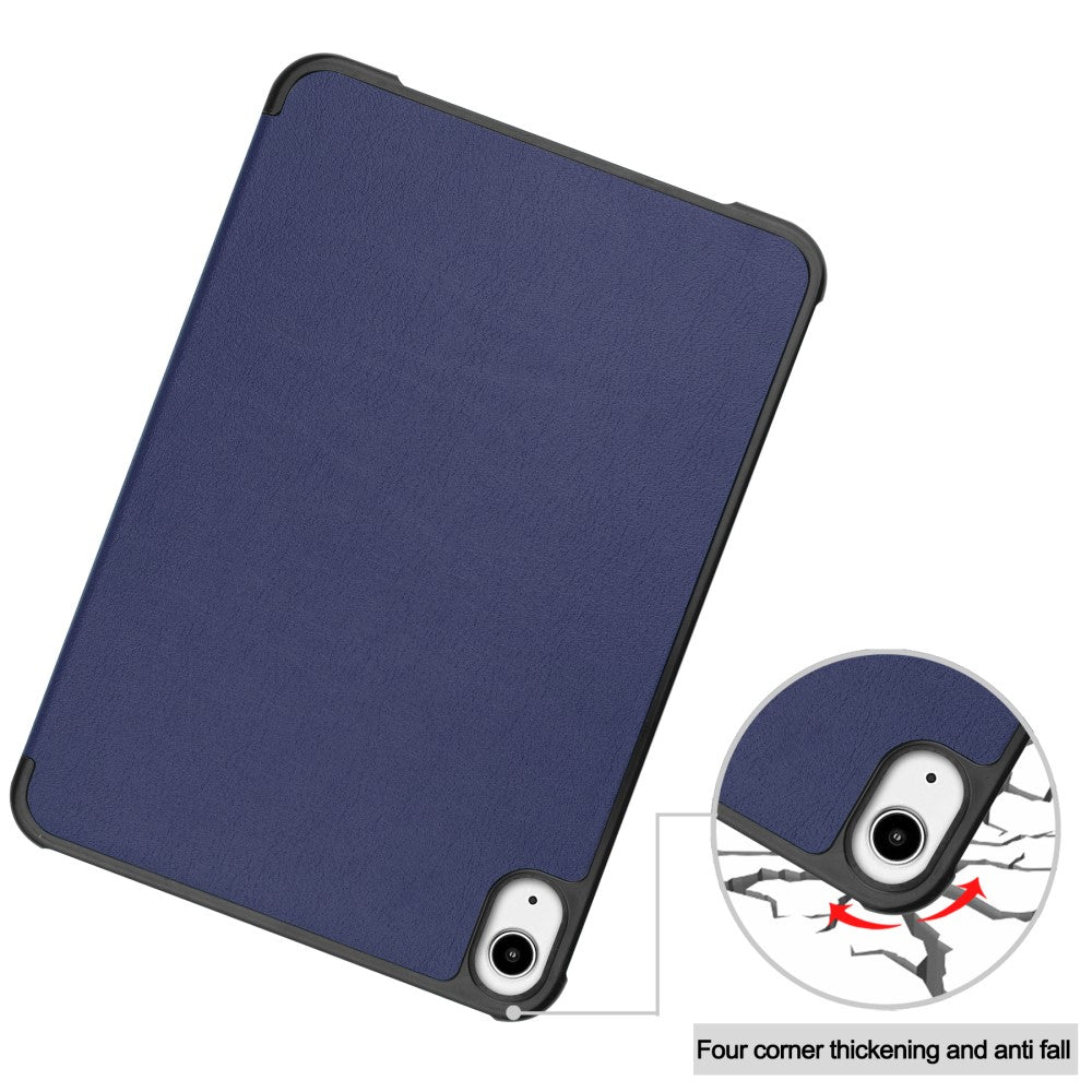 Étui pour tablette bleu foncé avec coins renforcés montrant une protection contre les chutes.
