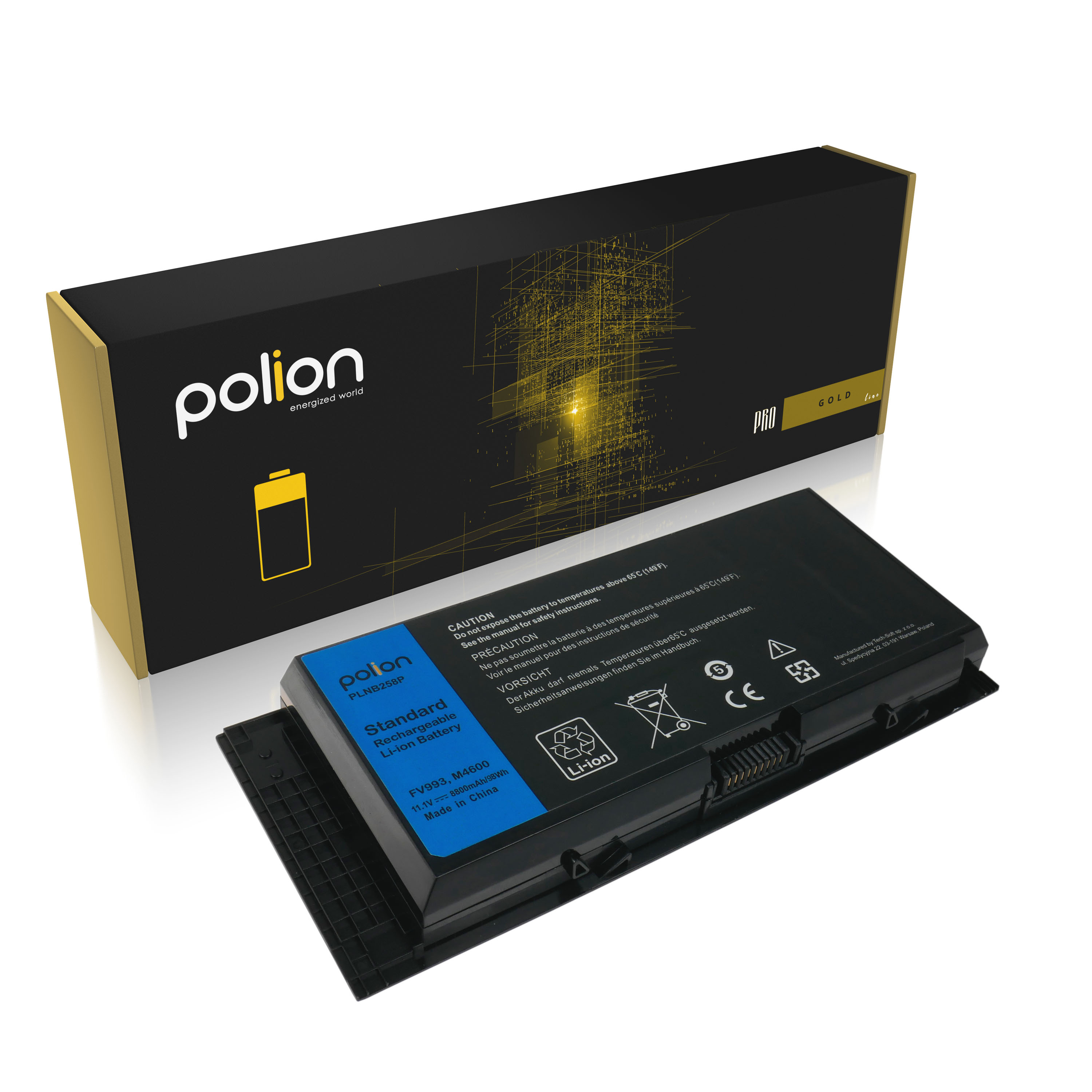 Czarna bateria do laptopa z niebieskimi oznaczeniami przed czarnym pudełkiem.