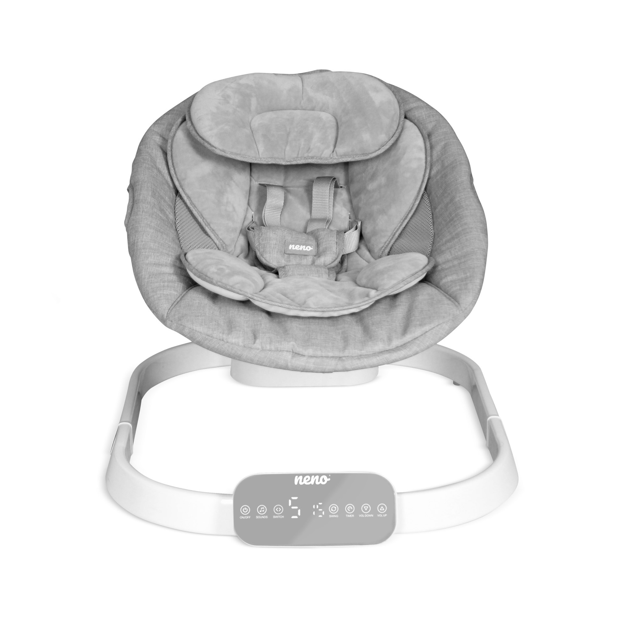 Szary fotelik bujany dla niemowląt z białym stelażem i panelem.