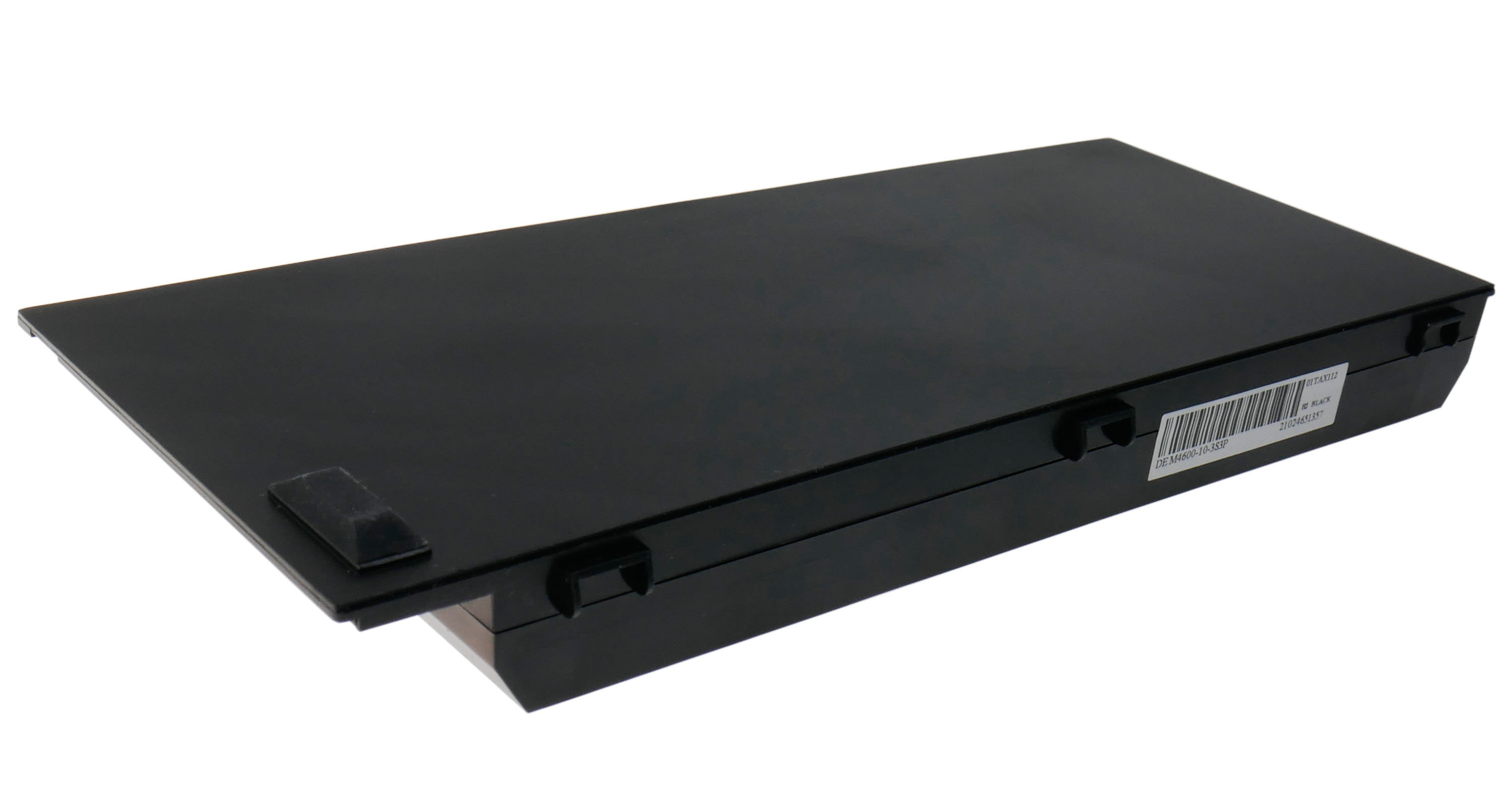 Czarna bateria do laptopa z etykietą i kodem kreskowym po prawej stronie.