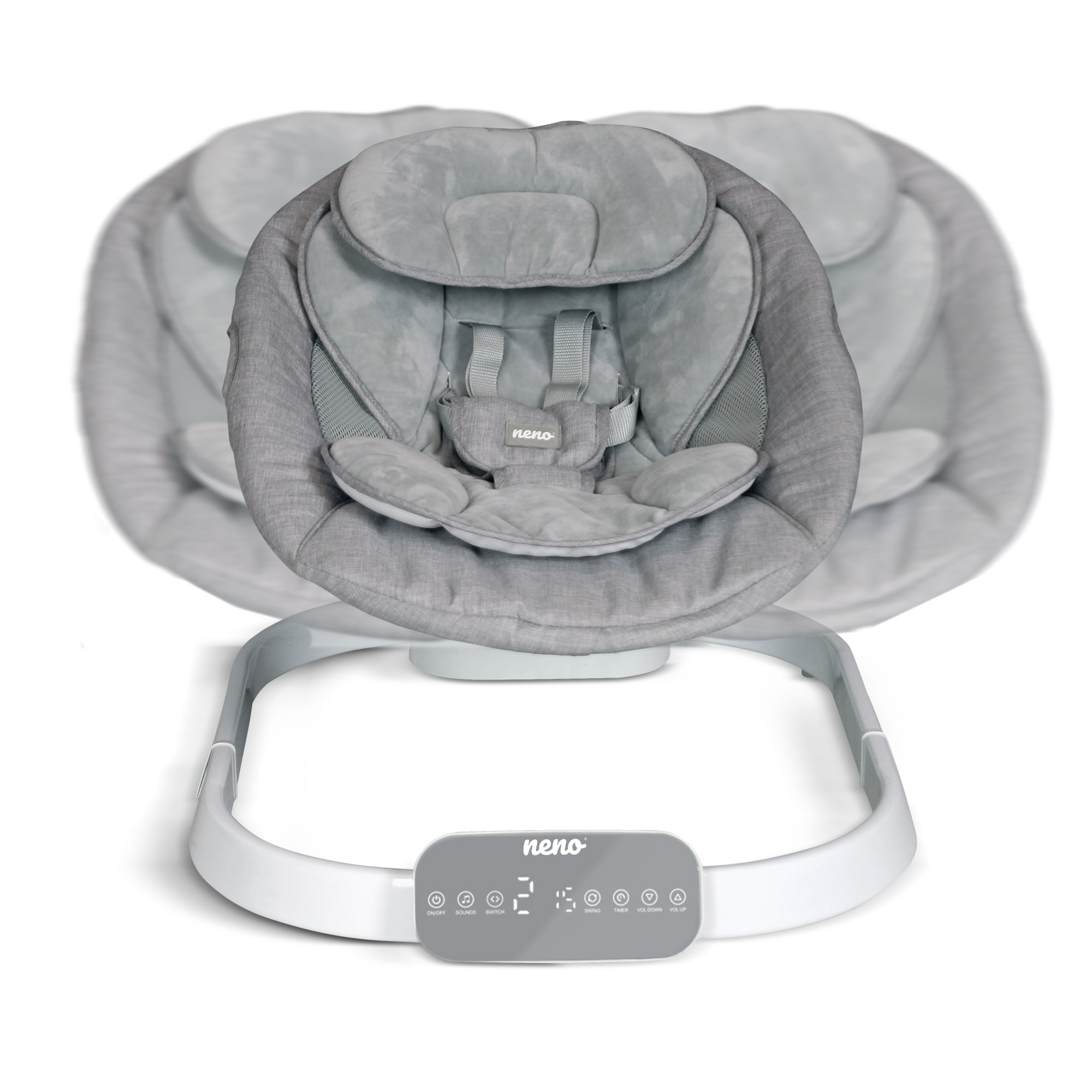 Szary leżaczek dla niemowląt z panelem sterowania i przyciskami.