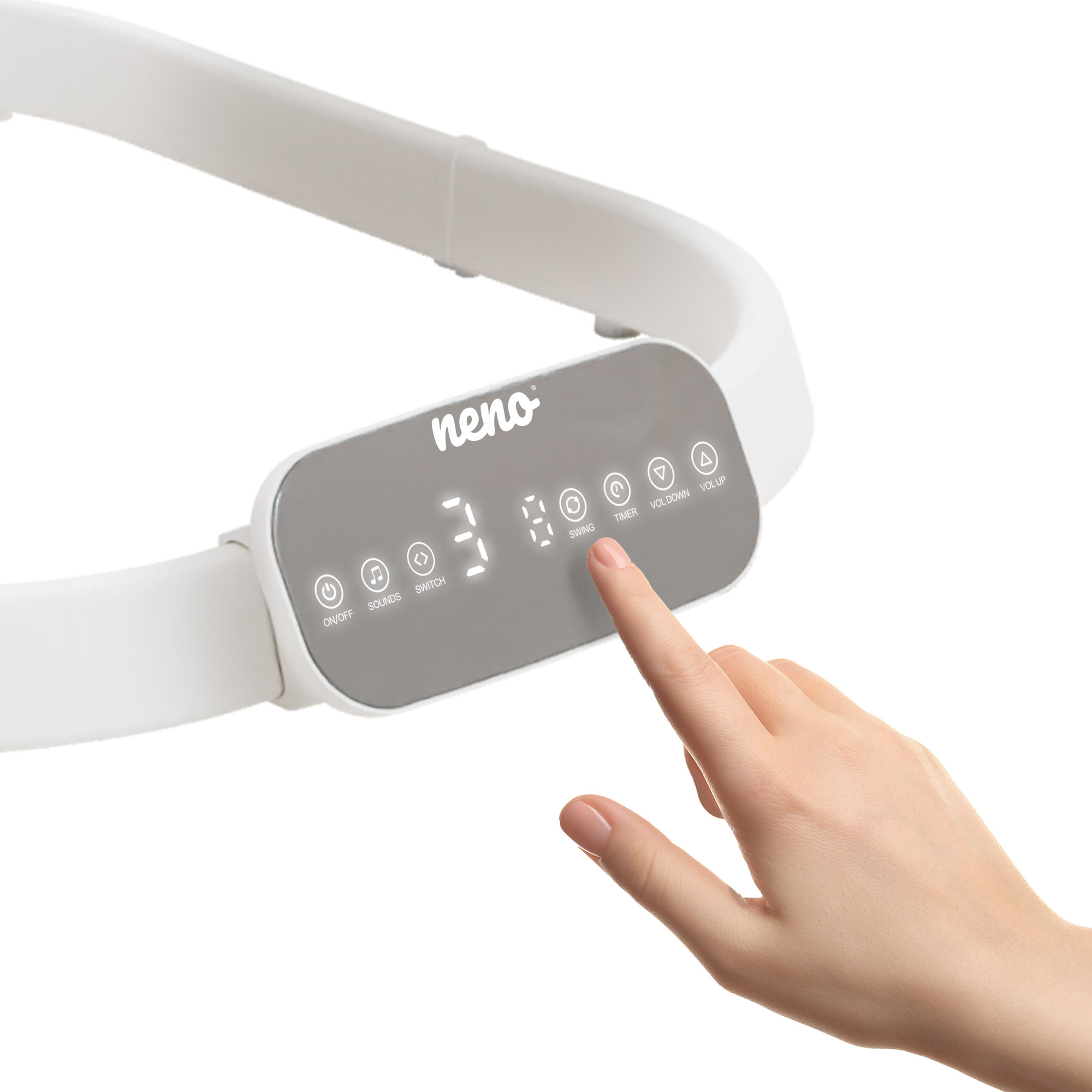 Dłoń dotyka ekranu dotykowego białego urządzenia z wyświetlaczami cyfrowymi.