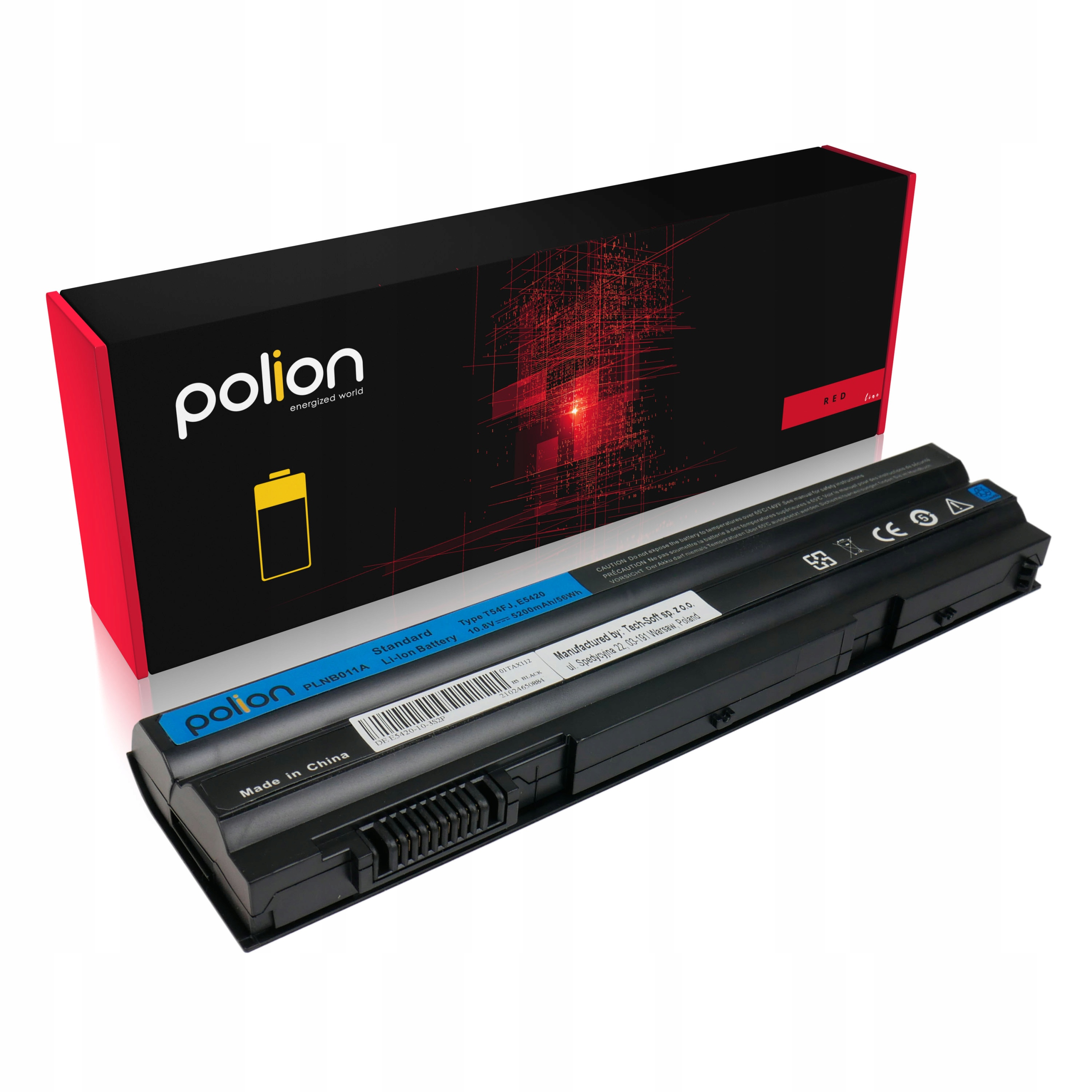 Czarna bateria do laptopa Polion z czerwonym opakowaniem. Szczegóły na baterii.