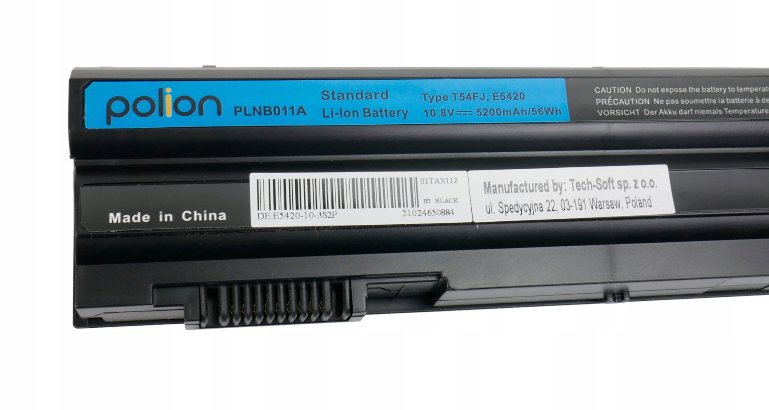 Czarna bateria do laptopa z niebieskim logo Polion, model PLNB011A.