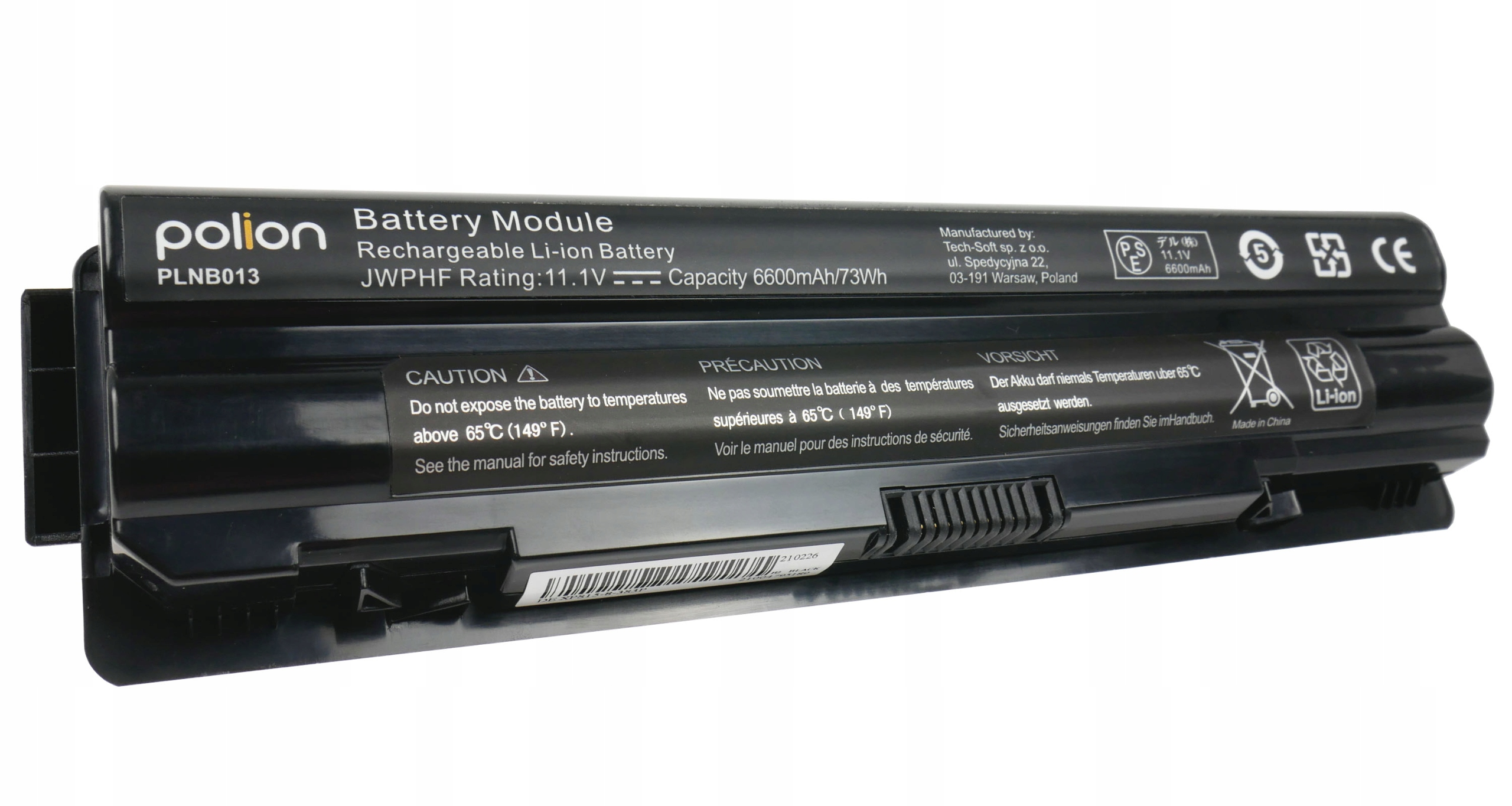 Czarna bateria z napisami: polion, Li-ion, 11.1V, 6600mAh.