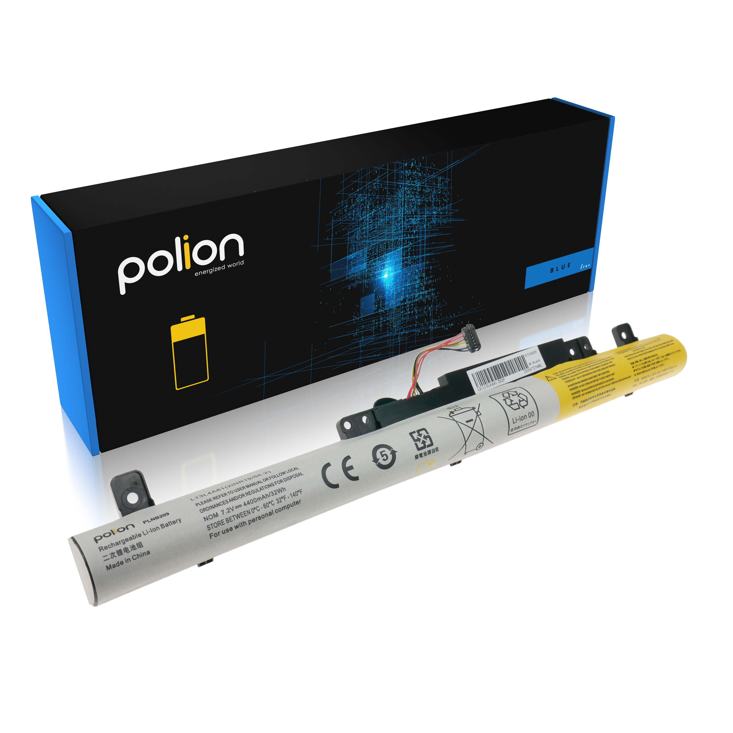 Bateria do laptopa marki Polion leży przed niebiesko-czarnym pudełkiem.