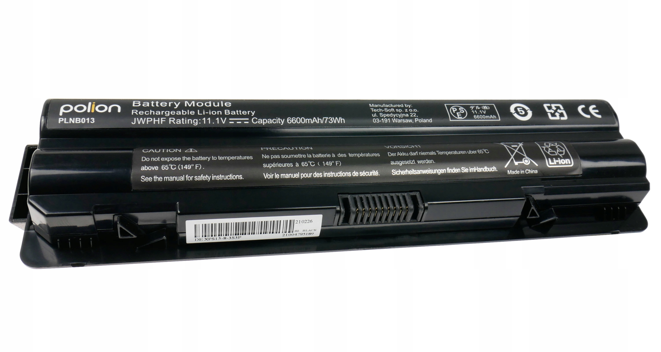 Czarny akumulator do laptopa "polion", 11,1V, 6600mAh, ostrzeżenia.