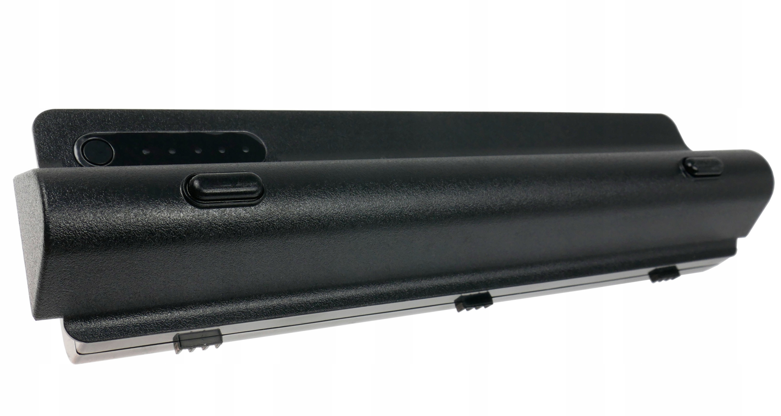 Czarna bateria do laptopa ze wskaźnikiem naładowania i przyciskami.