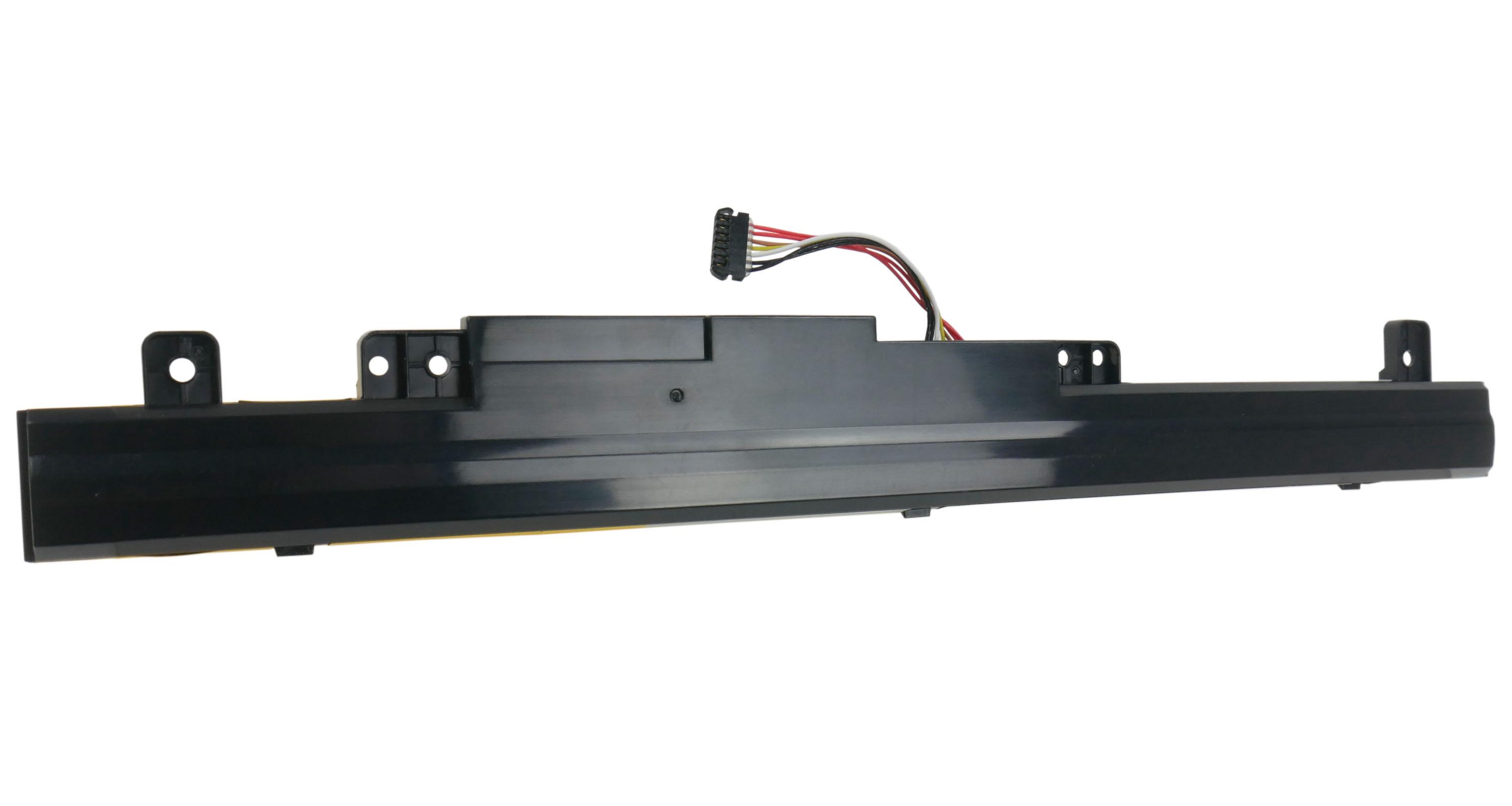 Czarna bateria do laptopa z złączem przewodowym i wielokolorowymi kablami.