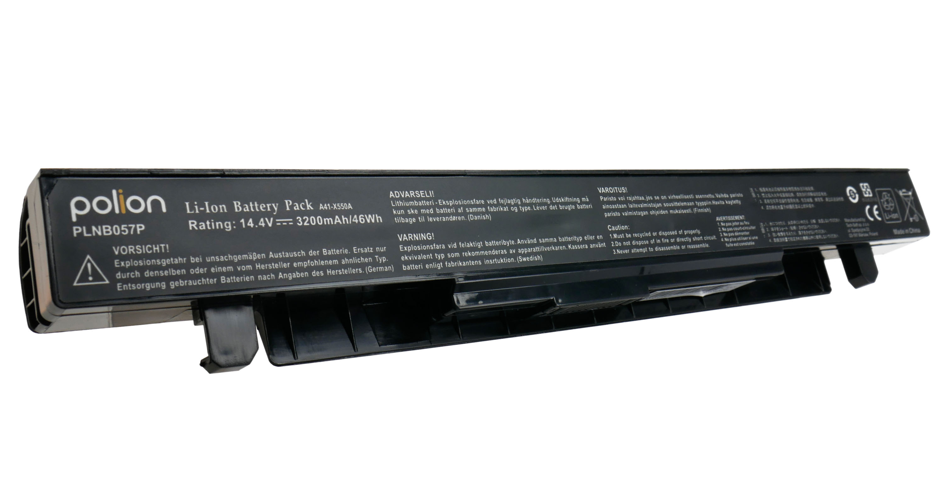 Czarny akumulator Li-Ion, 14.4V, 3200mAh. Zawiera ostrzeżenia.