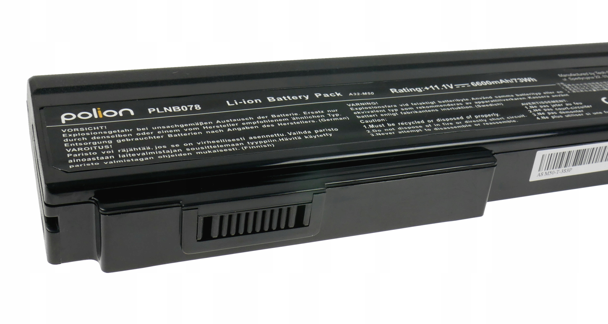 Czarna bateria litowo-jonowa PLNB078 z ostrzeżeniami i specyfikacjami.