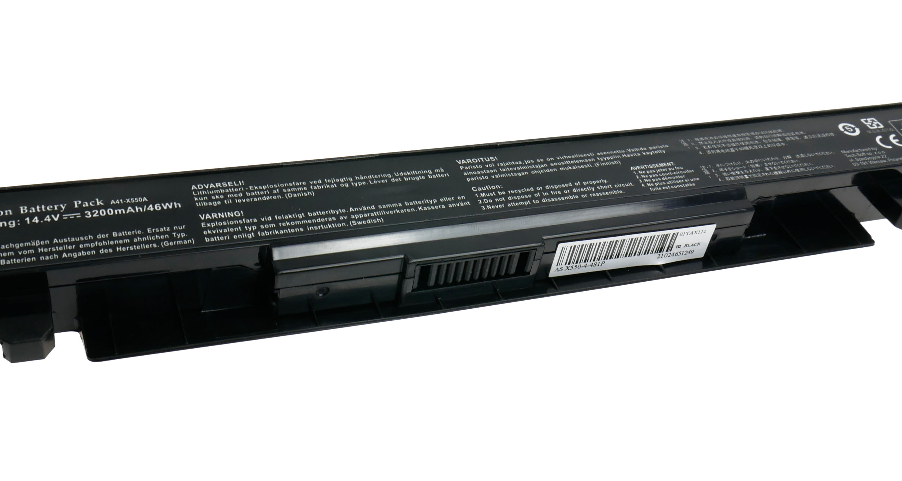 Czarna bateria do laptopa z etykietami i kodem kreskowym.