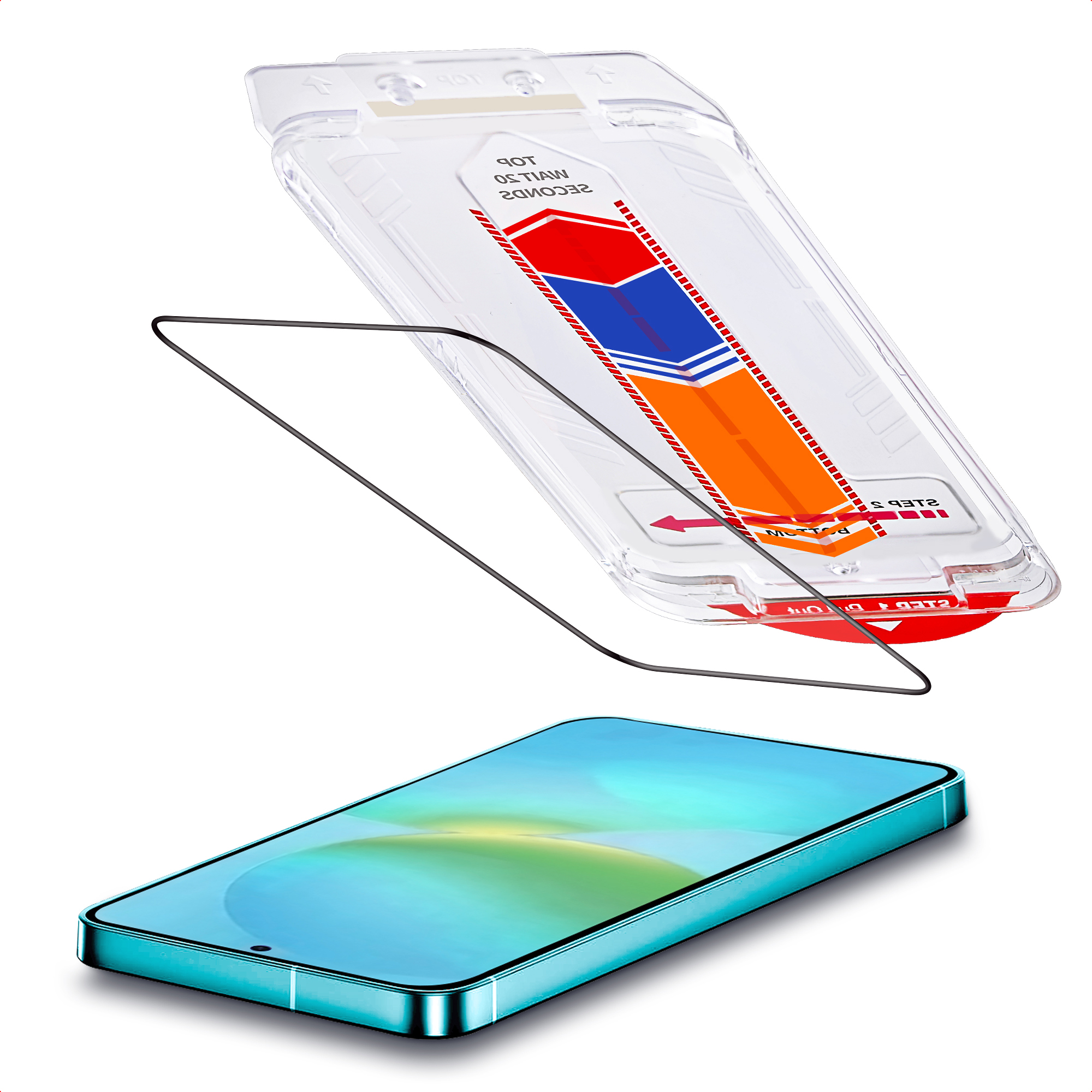 Een smartphone met een installatietool voor schermbeschermers. De tool heeft gekleurde markeringen.
