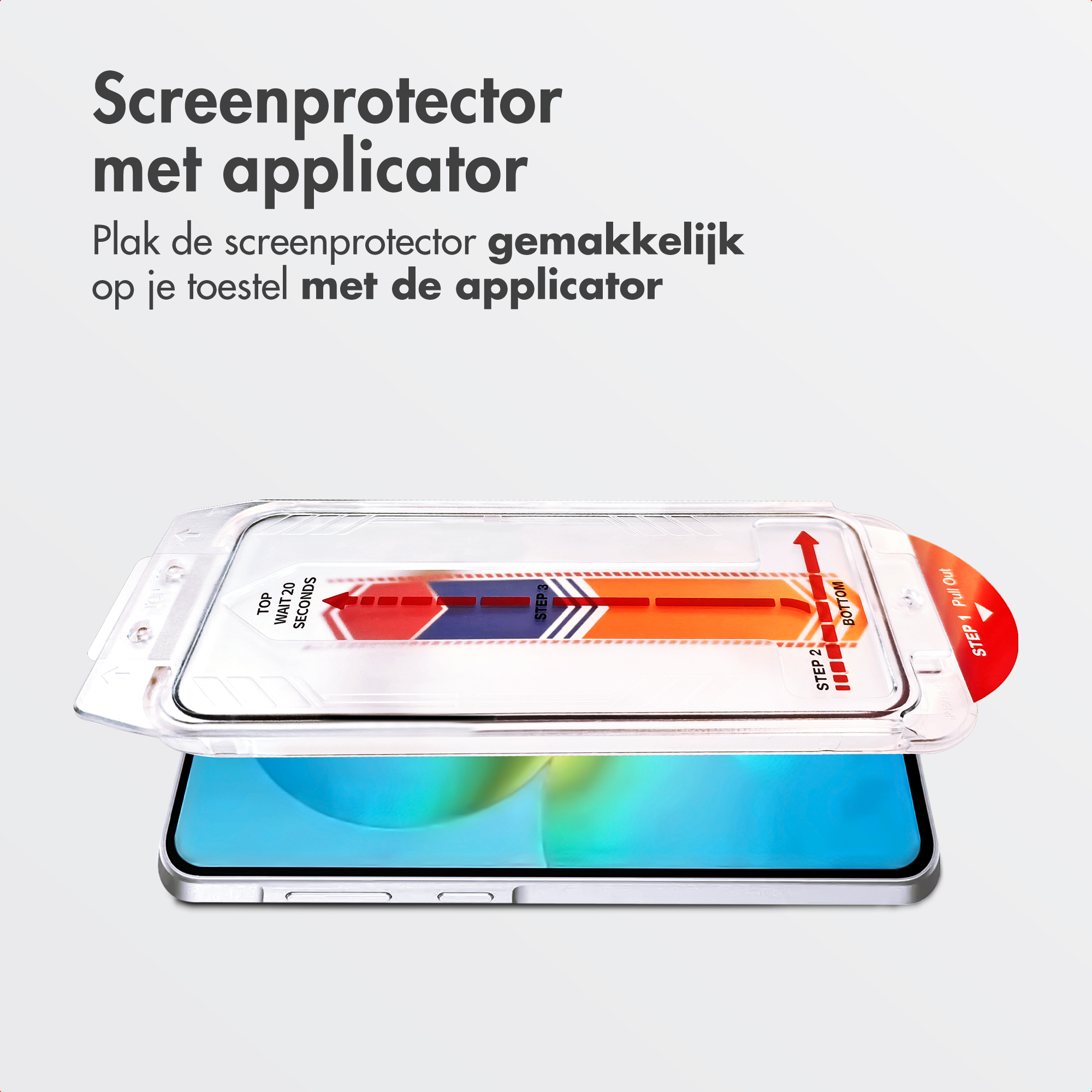 Screenprotector met applicator op een smartphone.