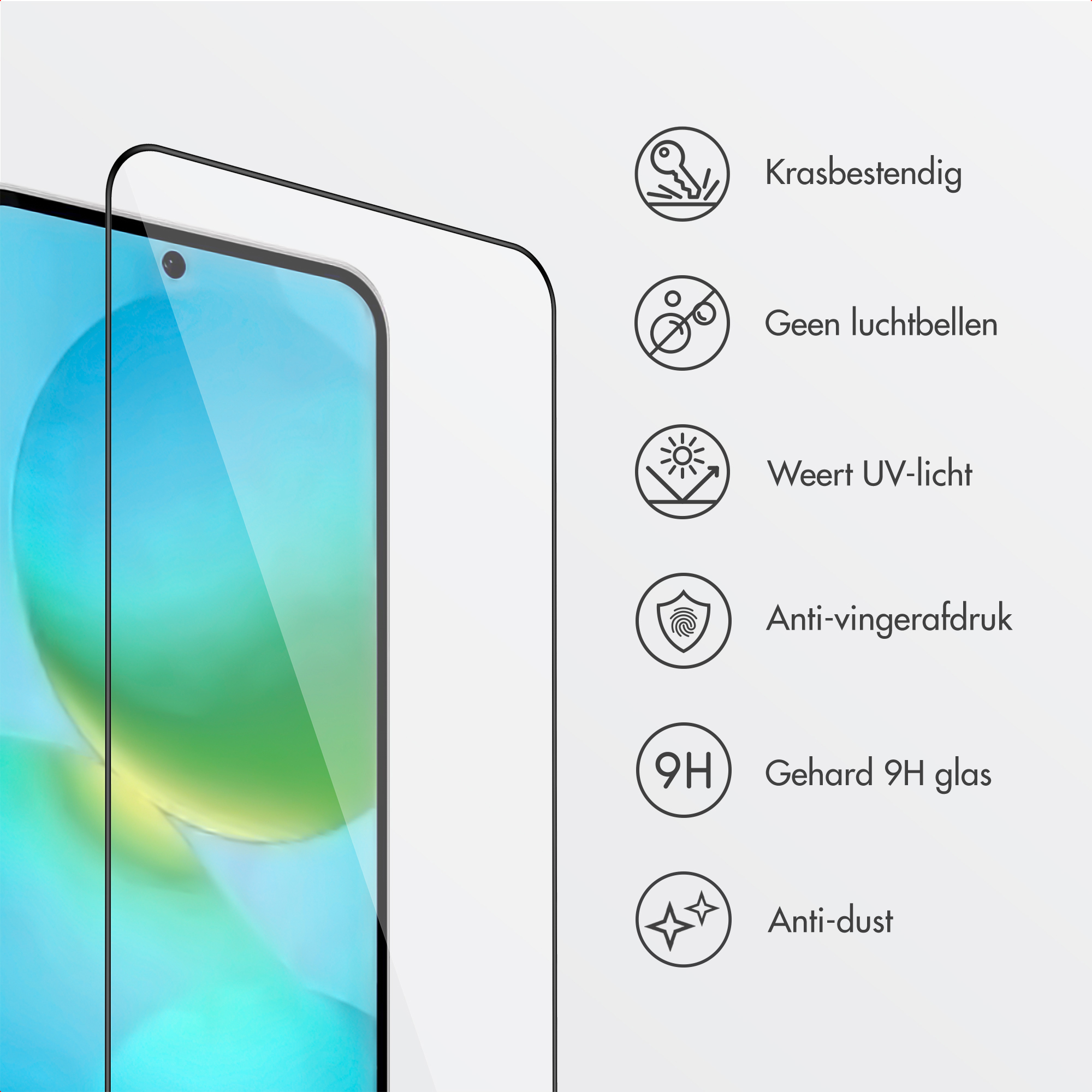 Screenprotector met iconen voor krasbestendig, bubbelvrij, UV-licht weert.