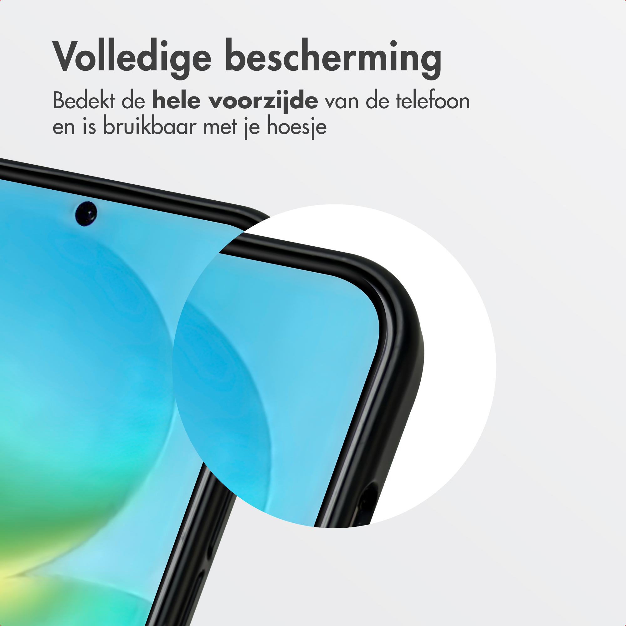 Een smartphone met een zwarte rand en blauw scherm wordt getoond.