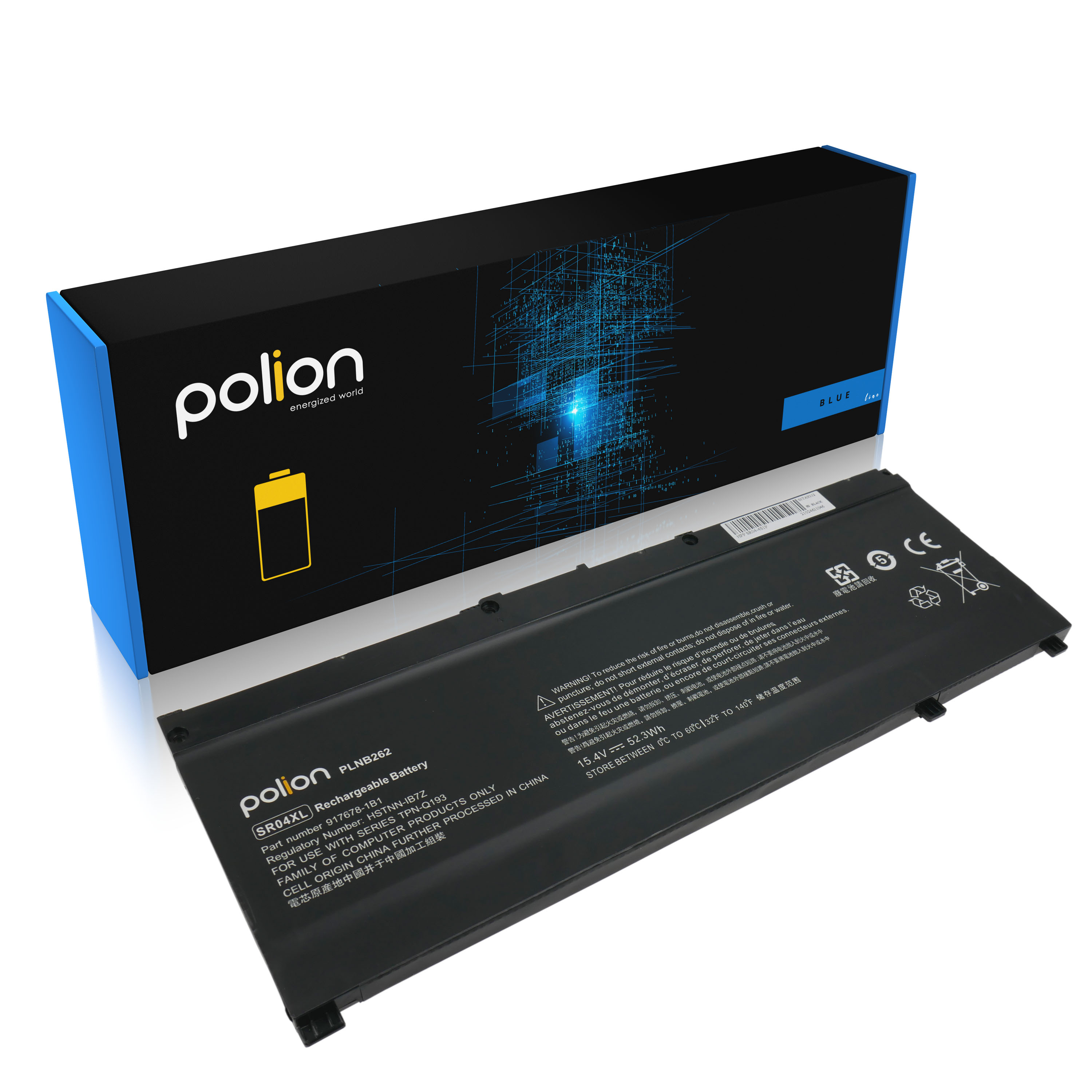 Czarny akumulator do laptopa z logo Polion i ostrzeżeniami leży na opakowaniu.