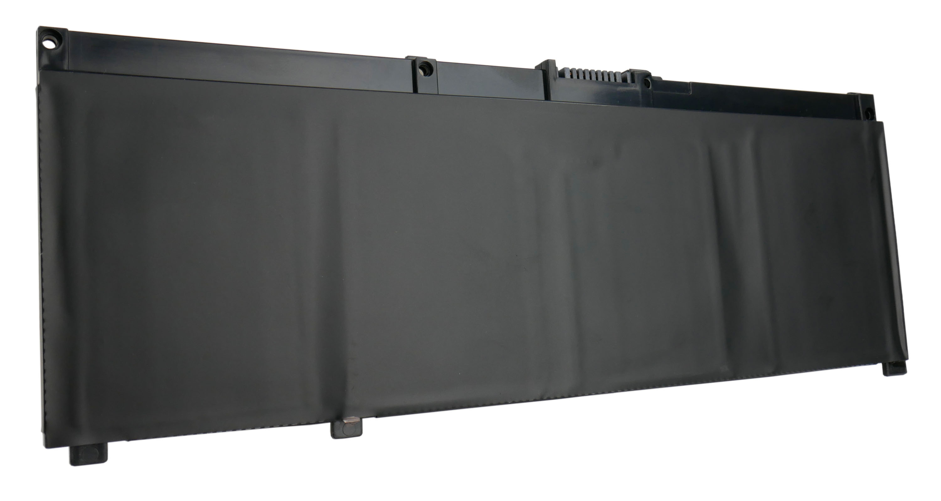 Czarny akumulator do laptopa z otworami montażowymi i złączem.