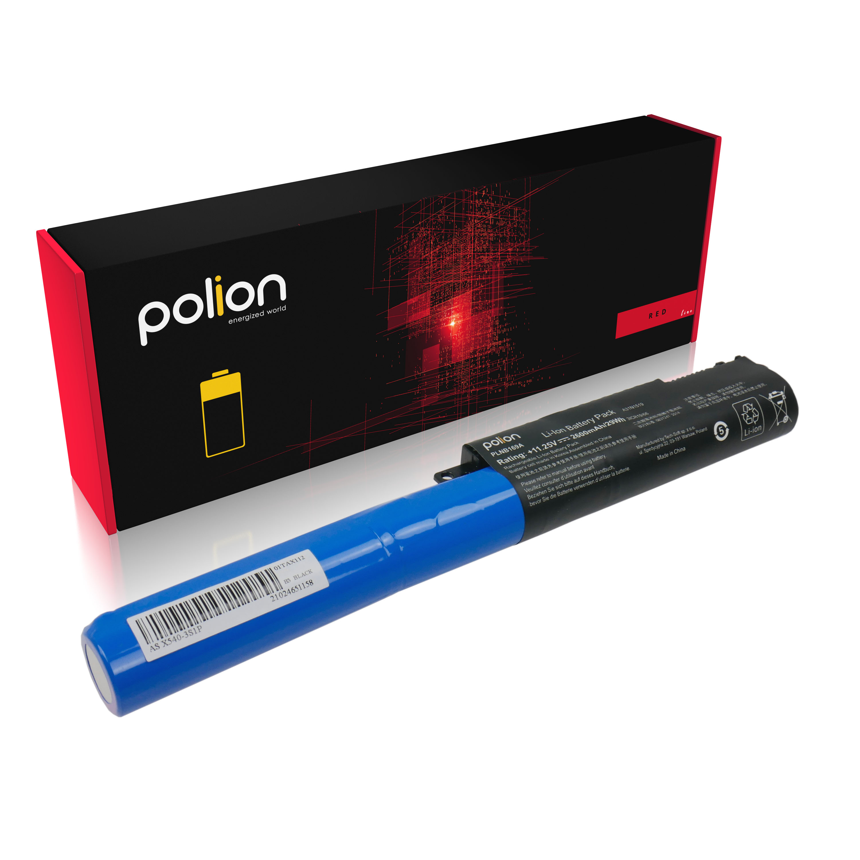 Niebieski akumulator litowo-jonowy leży przed czarnym pudełkiem z czerwonymi akcentami.