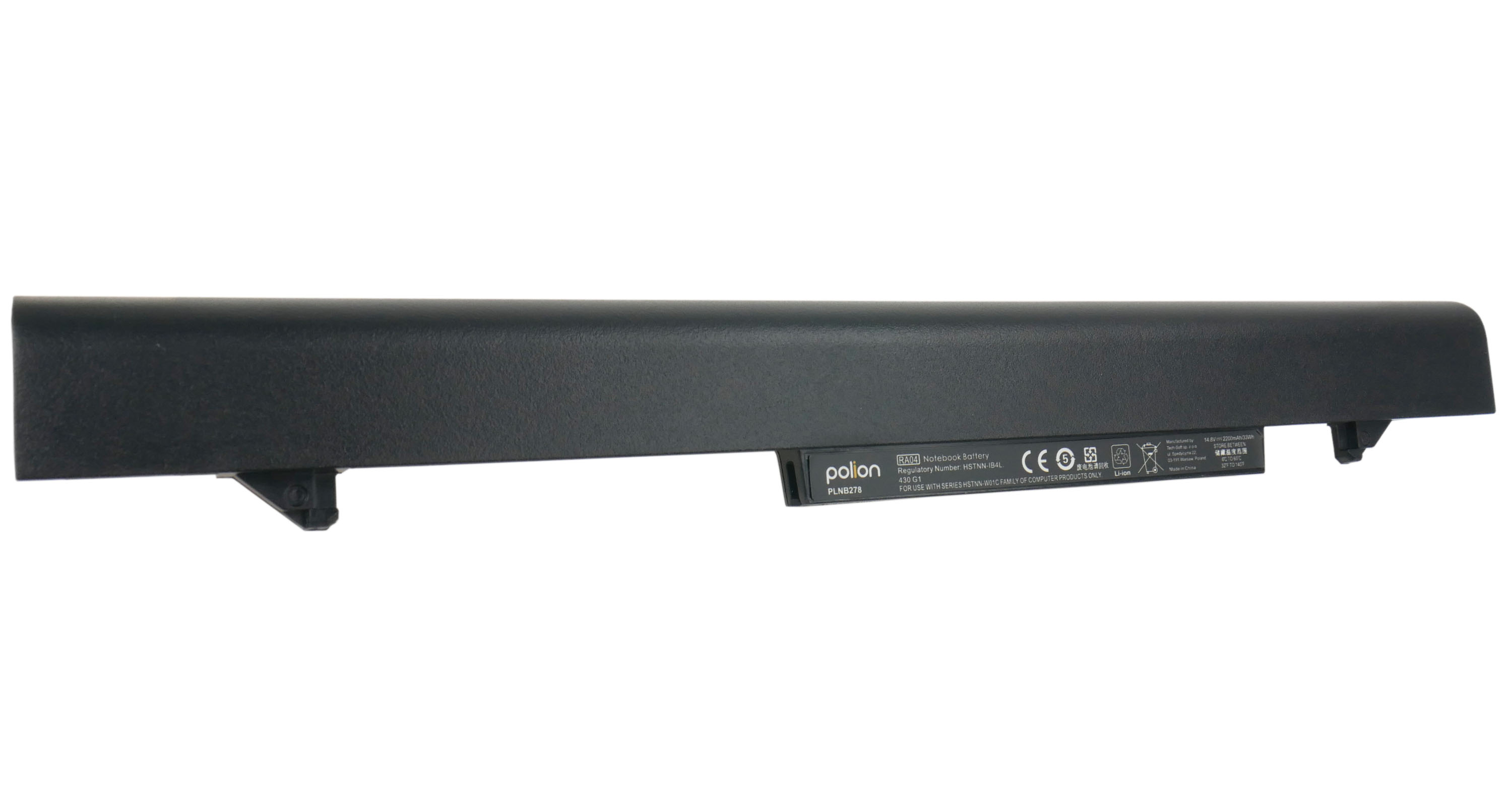 Czarna bateria do laptopa z tekstem, symbolami CE i Li-ion.