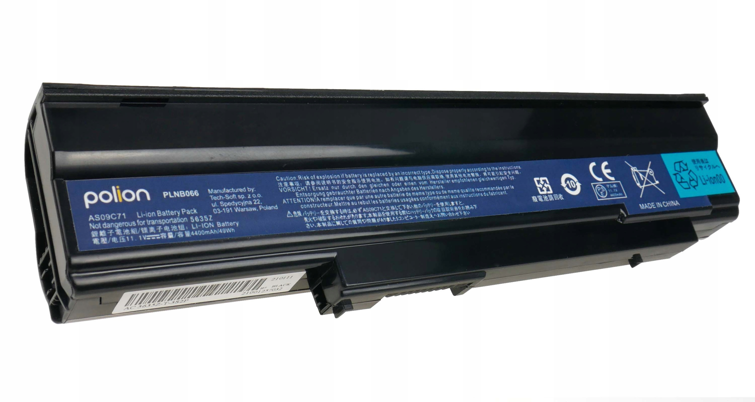 Czarny akumulator Li-ion z etykietą Polion AS09C71, 11.1V, 4400mAh.