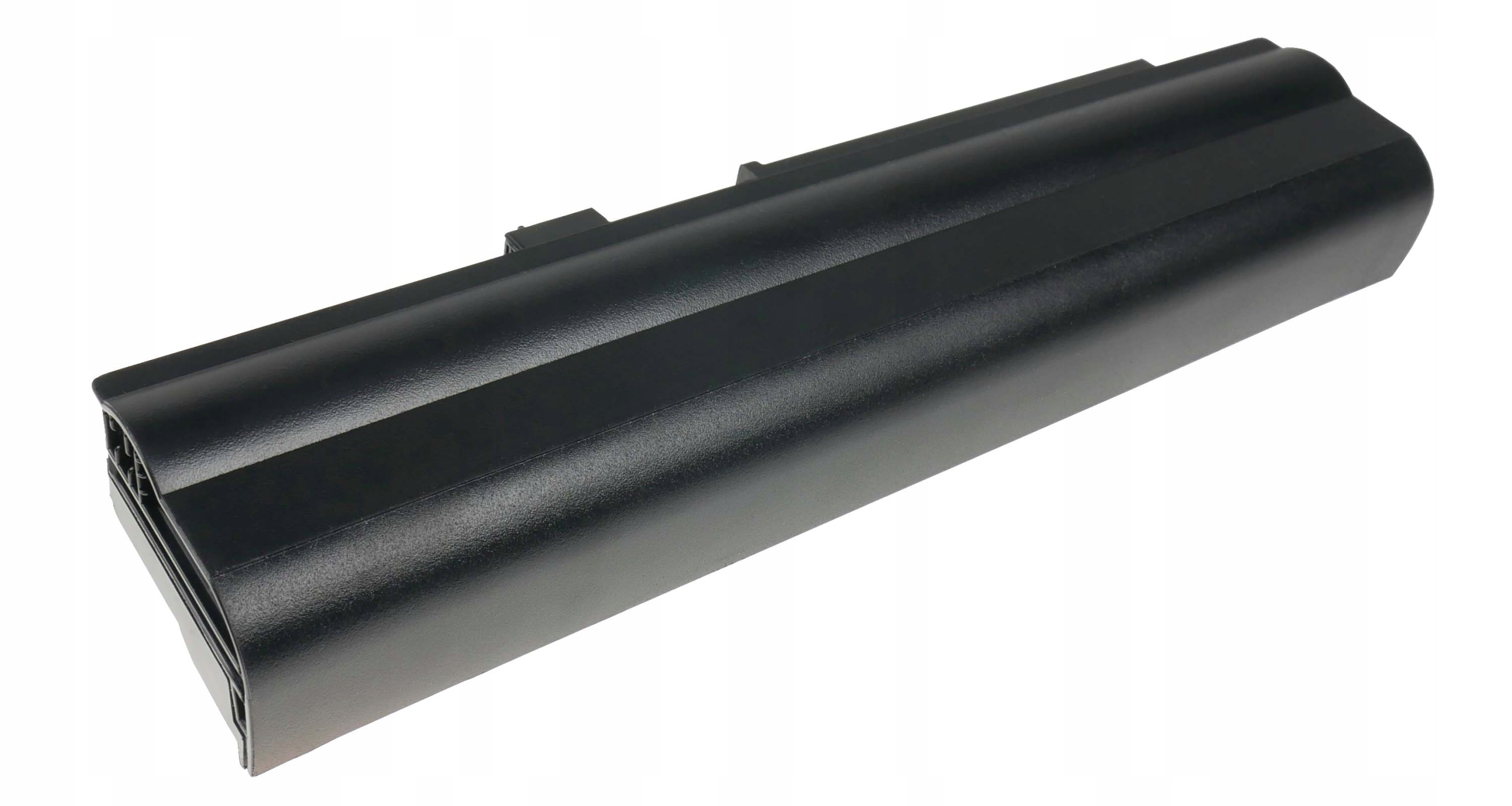 Czarna bateria do laptopa z zaokrąglonymi krawędziami na białym tle.