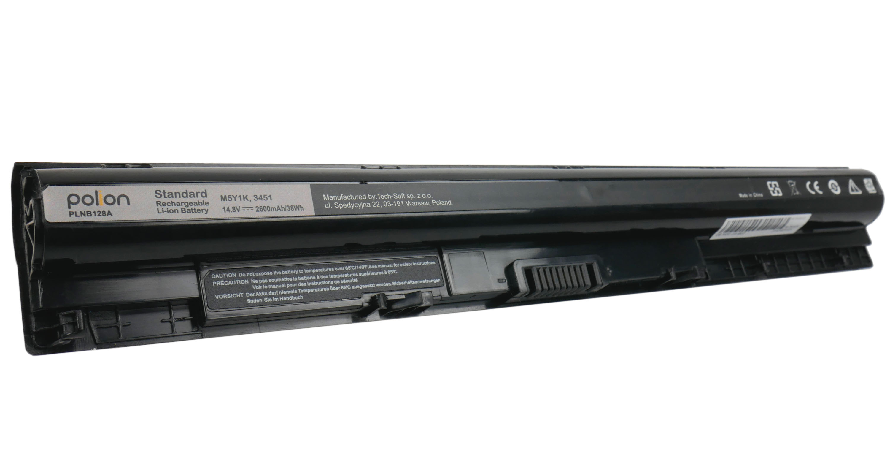 Czarna bateria do laptopa z etykietą Polon, PLNB128A, M5Y1K, 14.8V.