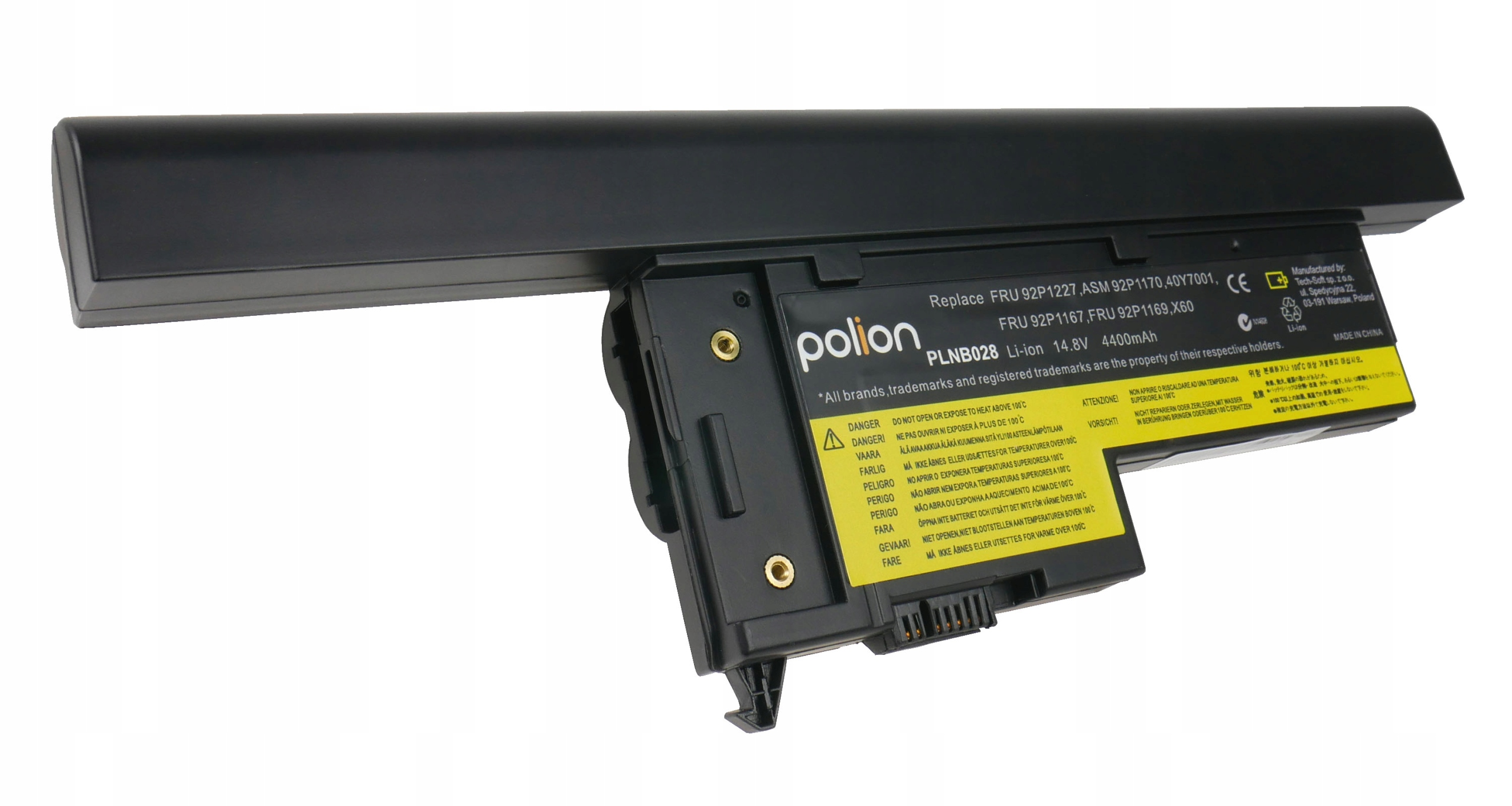 Czarny akumulator do laptopa z etykietami i złączami.