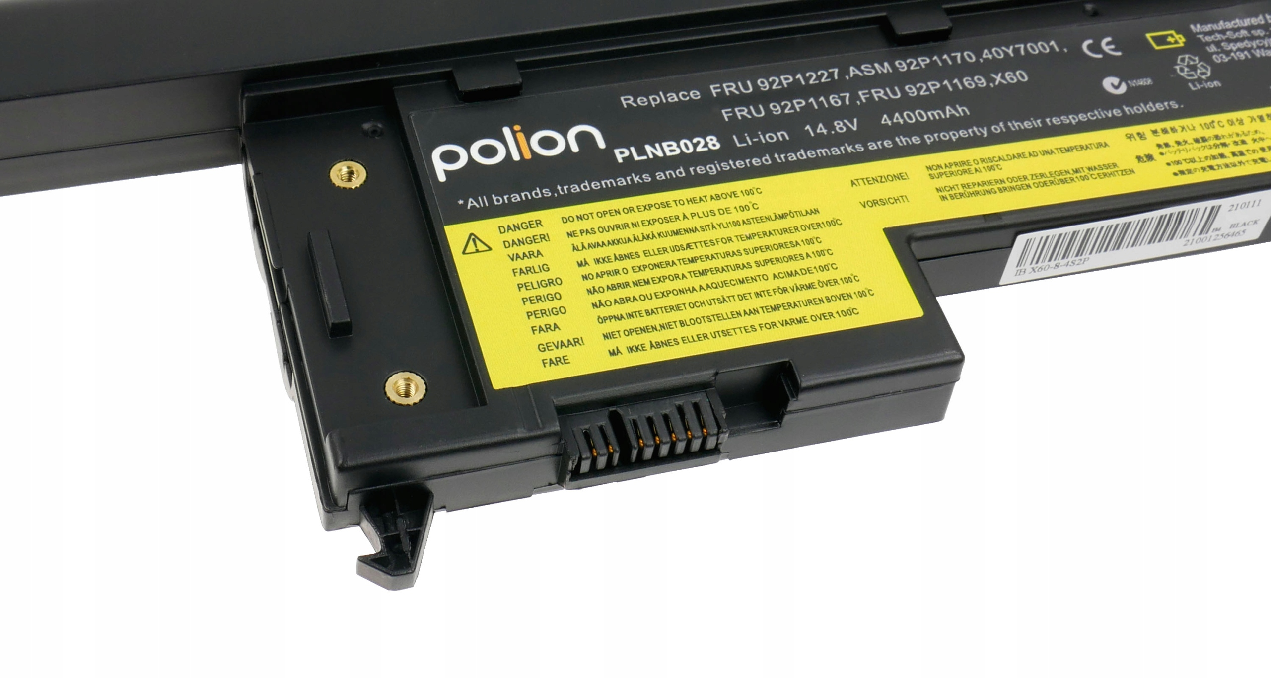 Czarna bateria do laptopa z etykietami ostrzegawczymi i numerem modelu PLNB028.