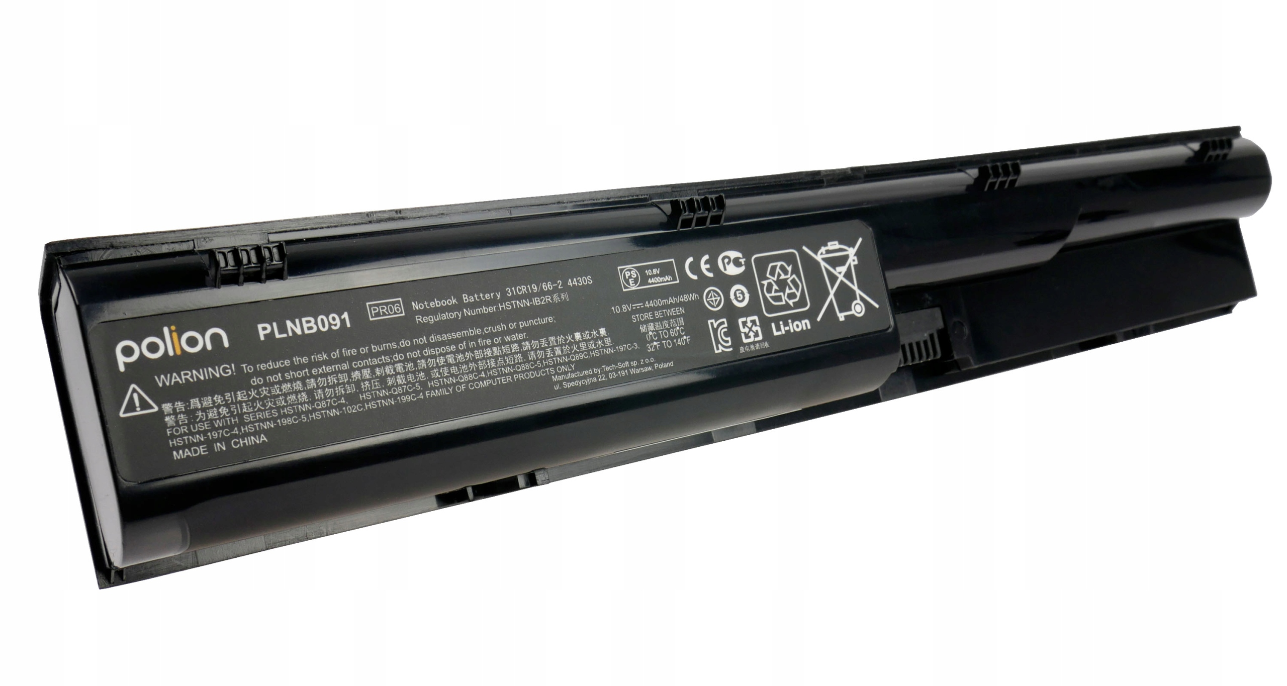 Czarna bateria do laptopa z etykietą: Polion, PLNB091, 10.8V 4400mAh.
