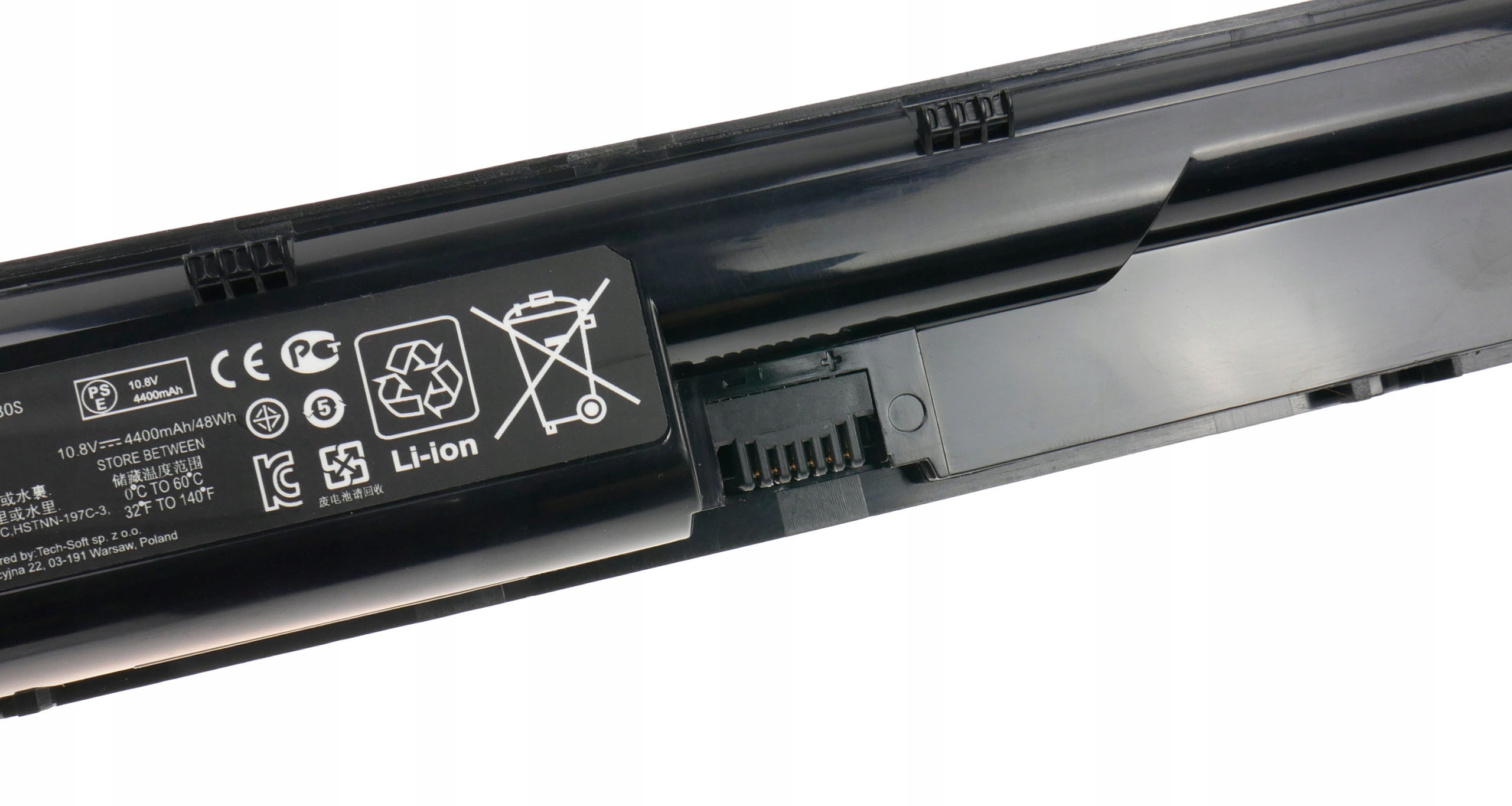 Czarna bateria do laptopa z oznaczeniami: 10,8V, 4400mAh, Li-ion.