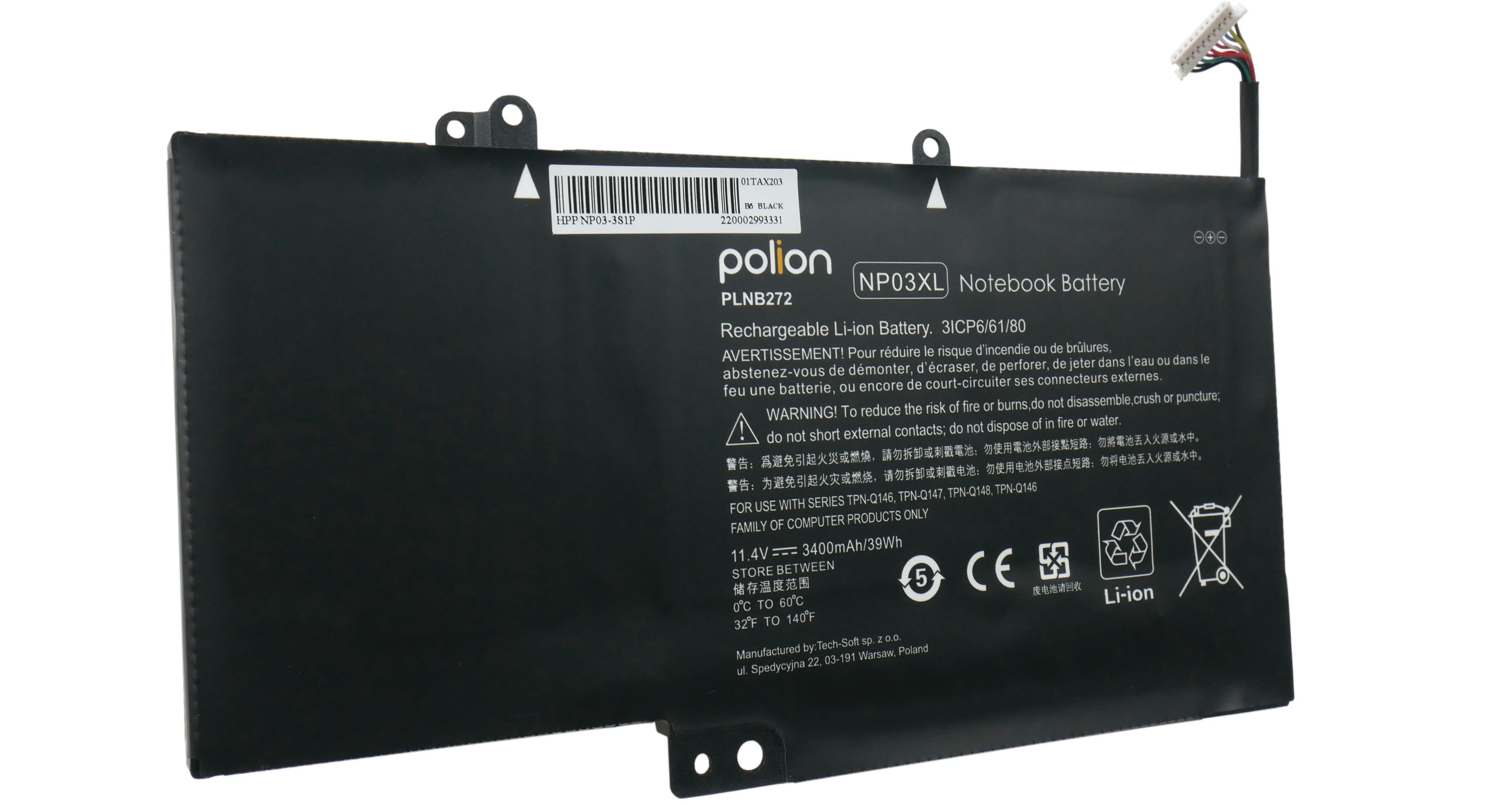 Czarny akumulator do laptopa, Polion NP03XL, 3400mAh. Złącze kabla na górze.