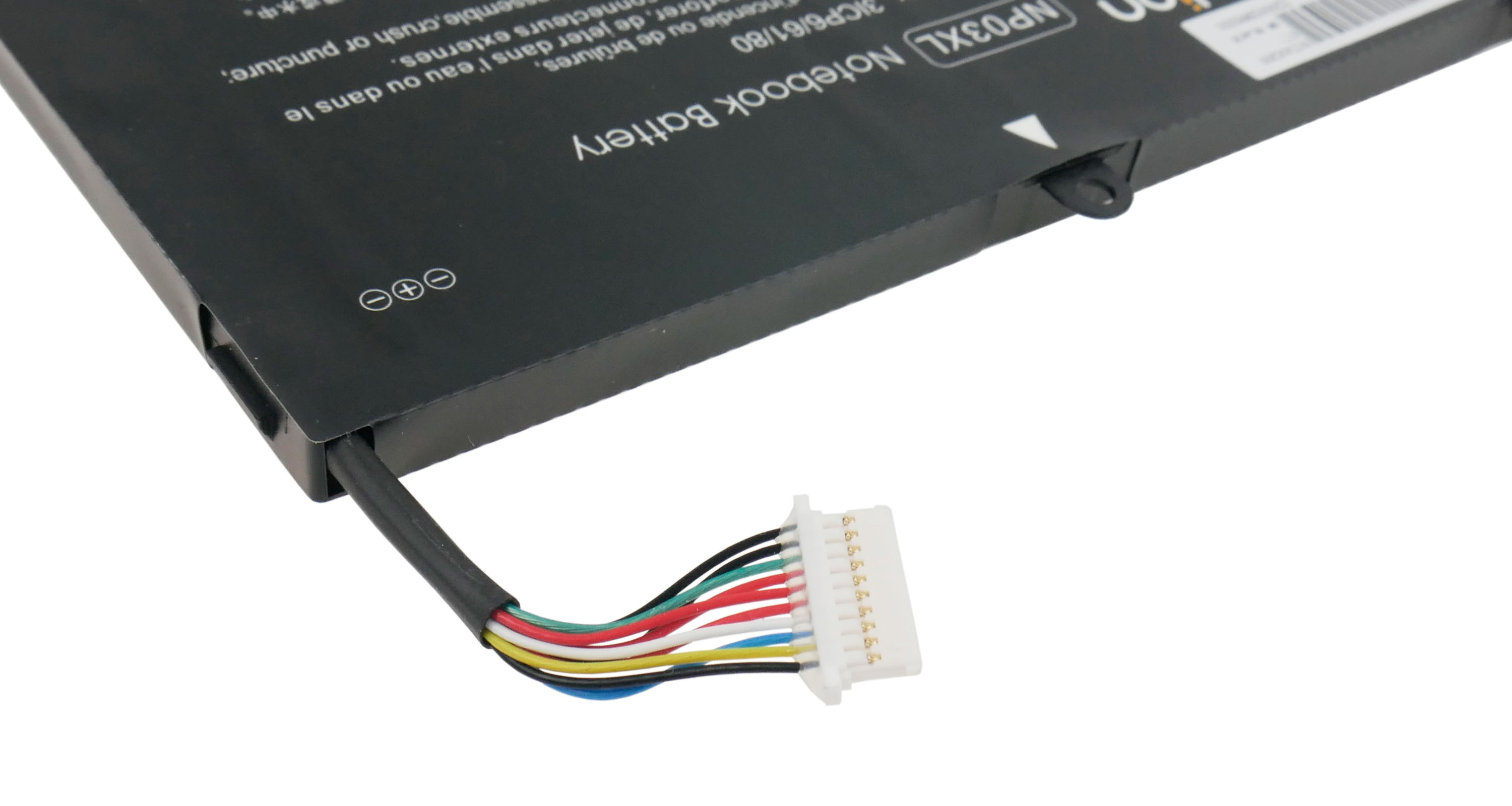 Czarna bateria do laptopa z kablem połączeniowym i kolorowymi przewodami.