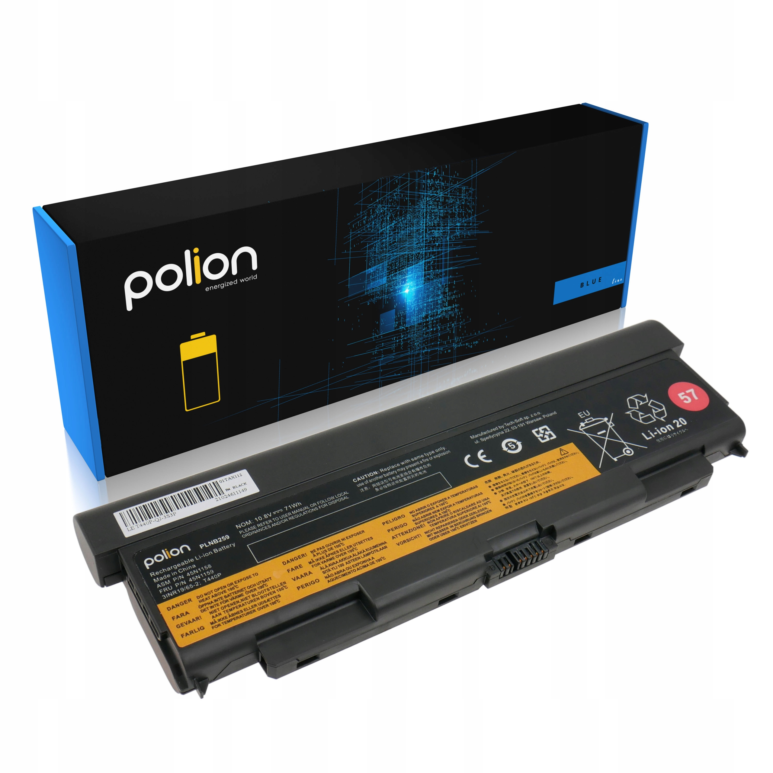 Czarna bateria do laptopa z logo Polion i etykietami ostrzegawczymi.
